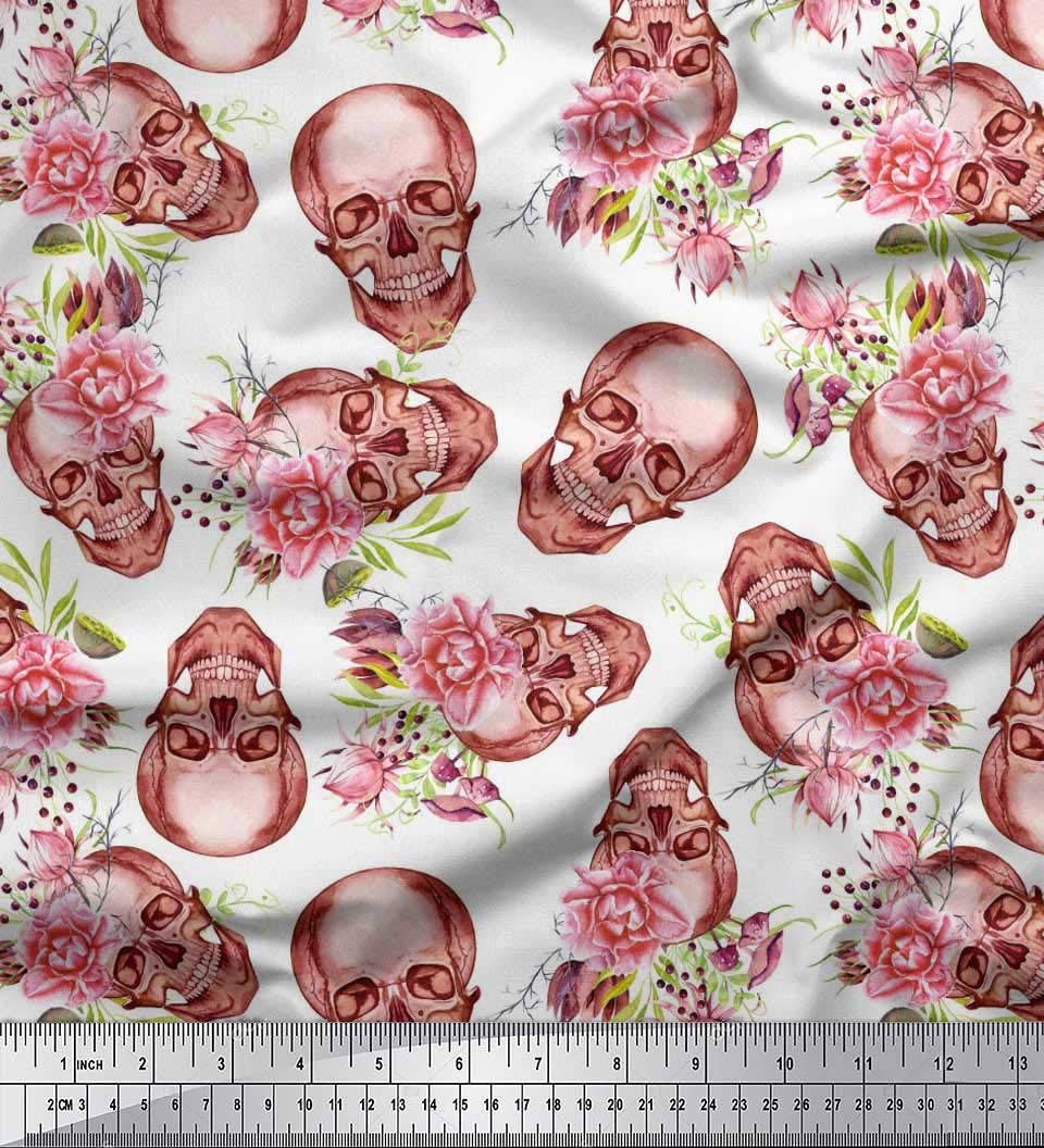 Soimoi Moss Georgette Brown Fabric by The Yard - 42 Inch Wide Skull & Begonia Floral Printed Textile for Edgy Fashion, DIY Crafts, and Home Decor Projects