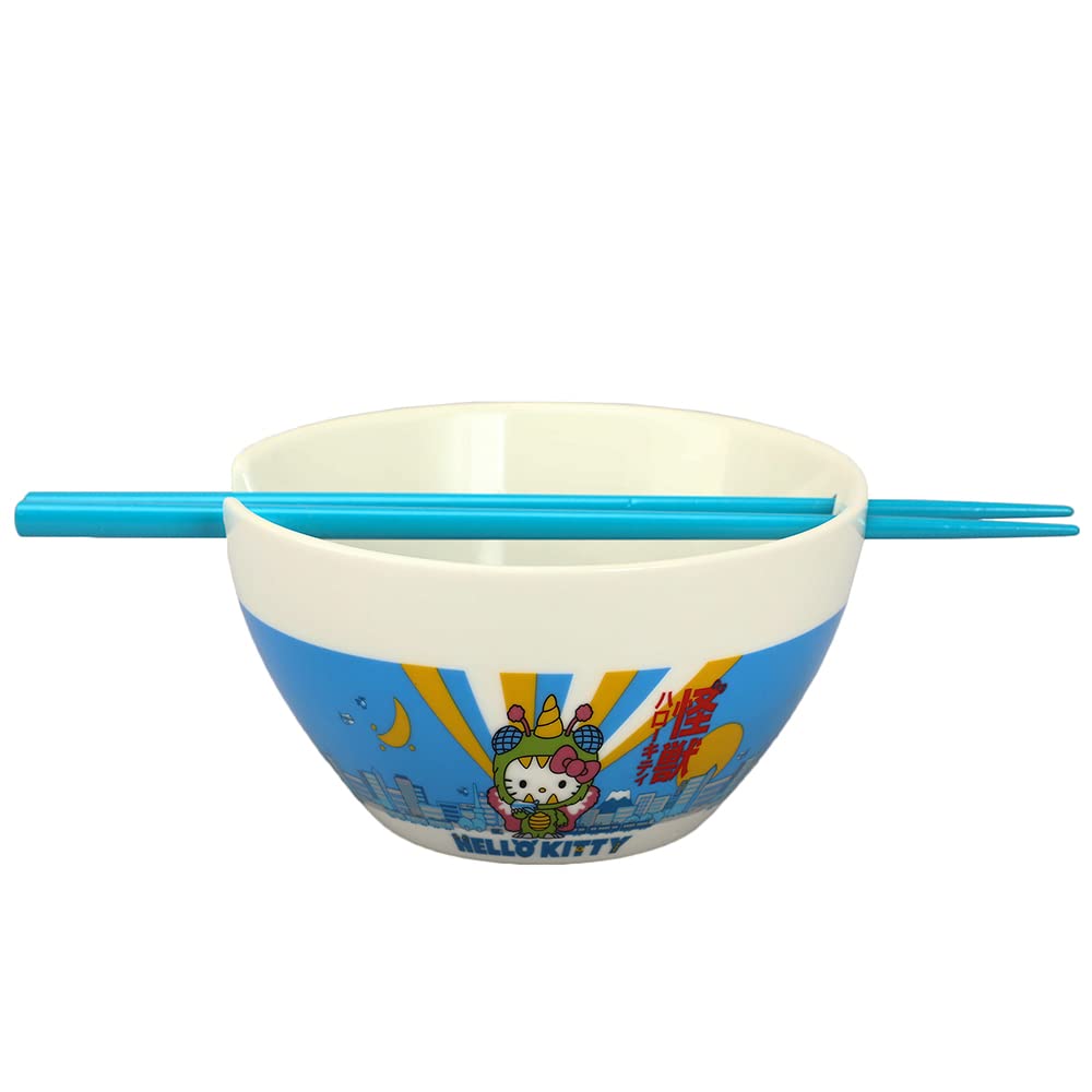 Hello Kitty Kaiju Ceramic 20 oz Ramen Bowl with Chopsticks - Cute Japanese Anime Themed Soup Noodle Bowl for Home Dining, Gift & Collectible - Perfect for Ramen, Udon, Pho & Asian Cuisine