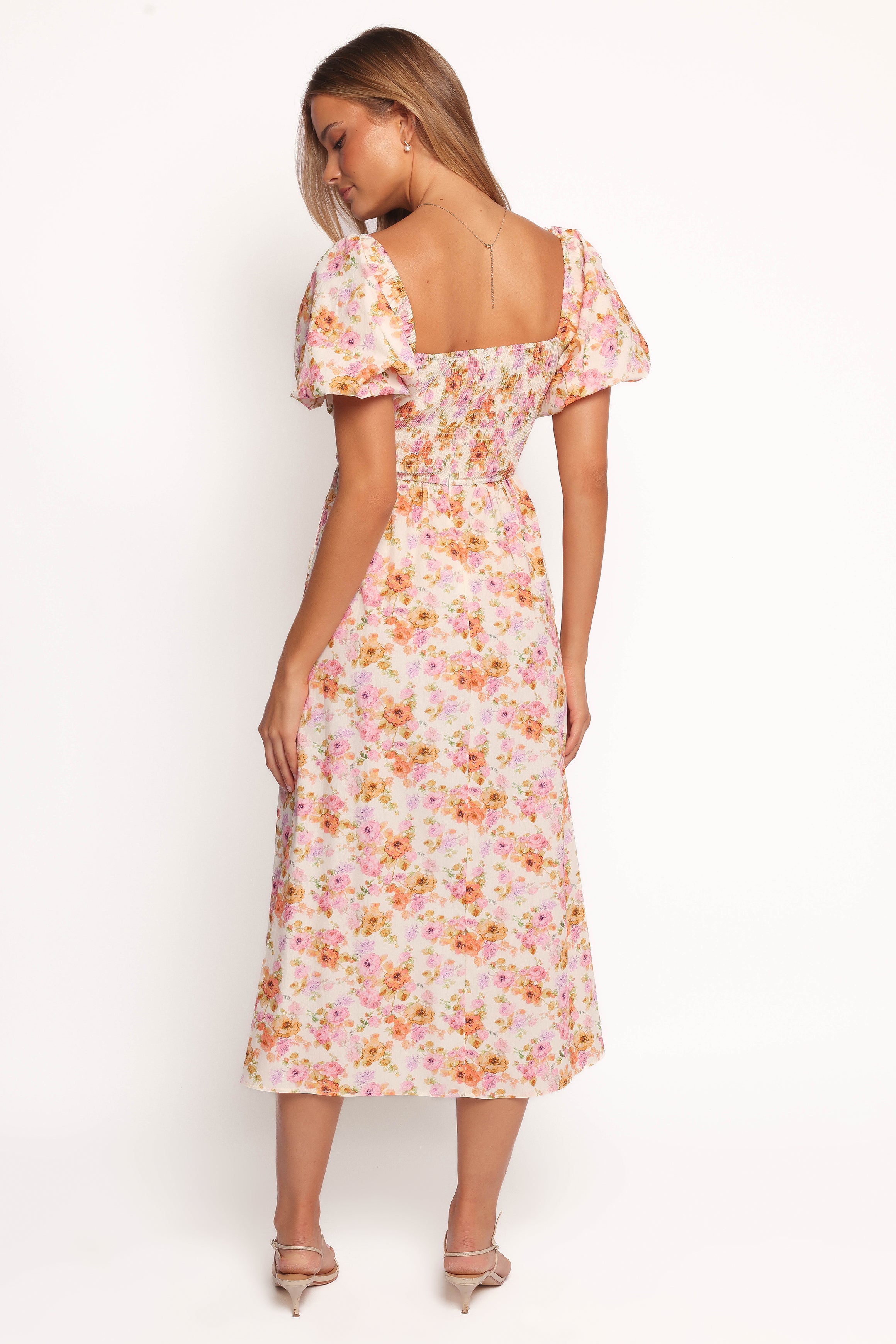 Elegant Peach Floral Puff Sleeve Midi Dress for Women | Summer Boho Chic Dress for Weddings, Parties & Date Nights