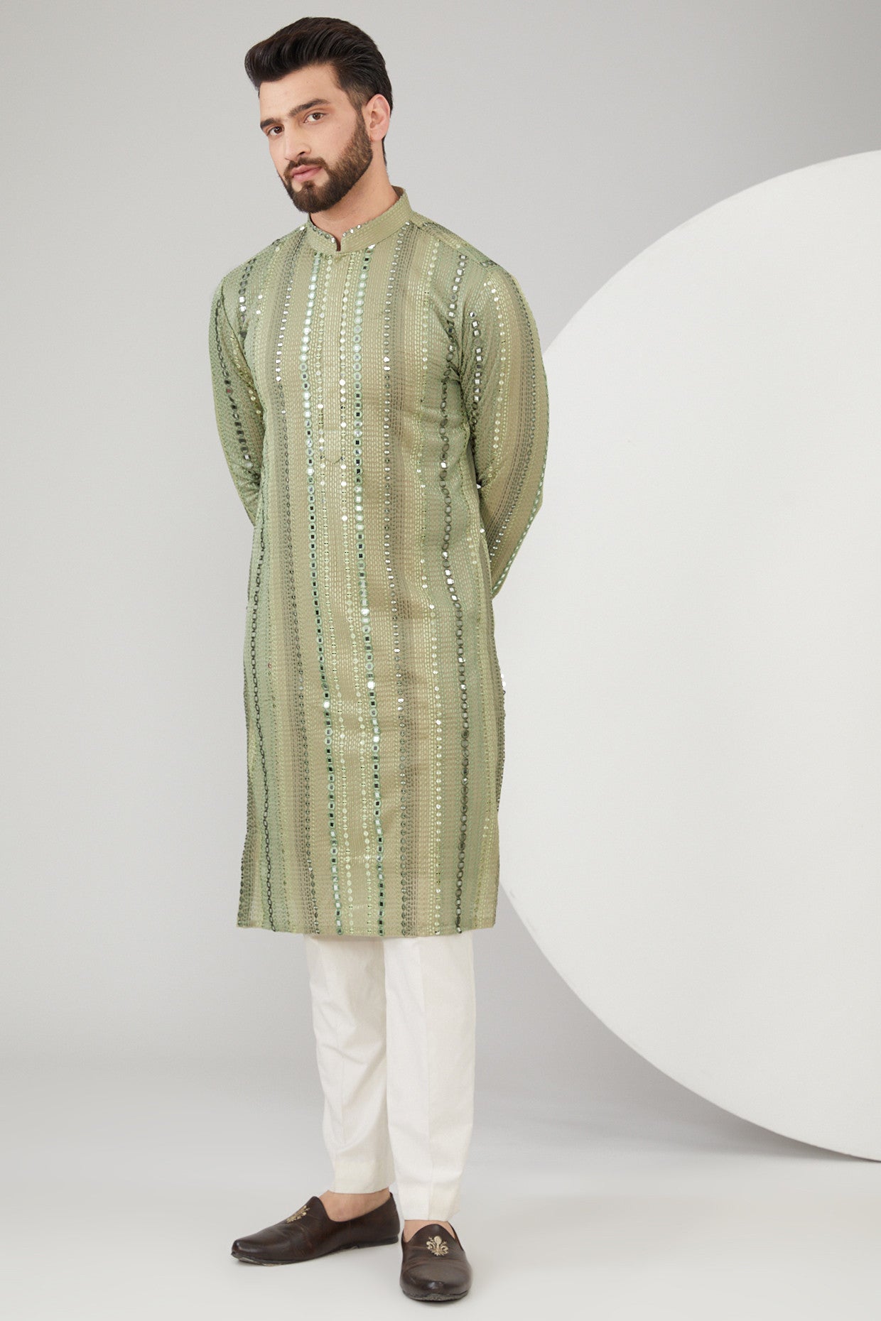 Mehendi Green Georgette Mirror Work Kurta - Elegant Indian Embroidered Tunic Top for Women | Perfect for Festivals, Weddings & Ethnic Parties
