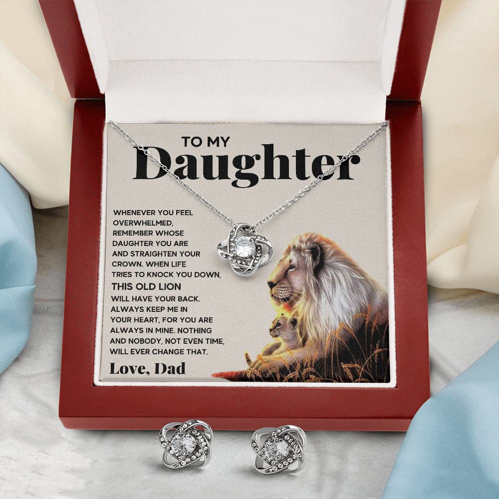 Father Daughter Necklace - Personalized Jewelry Gift for Daughter from Dad with Message Card & LED Gift Box (Includes Earrings & Lion Crown) - Perfect for Birthday, Graduation, Christmas & Special Occasions