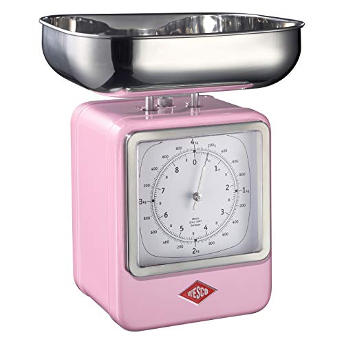 Wesco Analog Kitchen Scale with Clock - 13x15x27cm Safety Pink for Baking, Cooking & Meal Prep - Retro Style Food Scale for Home & Professional Kitchens