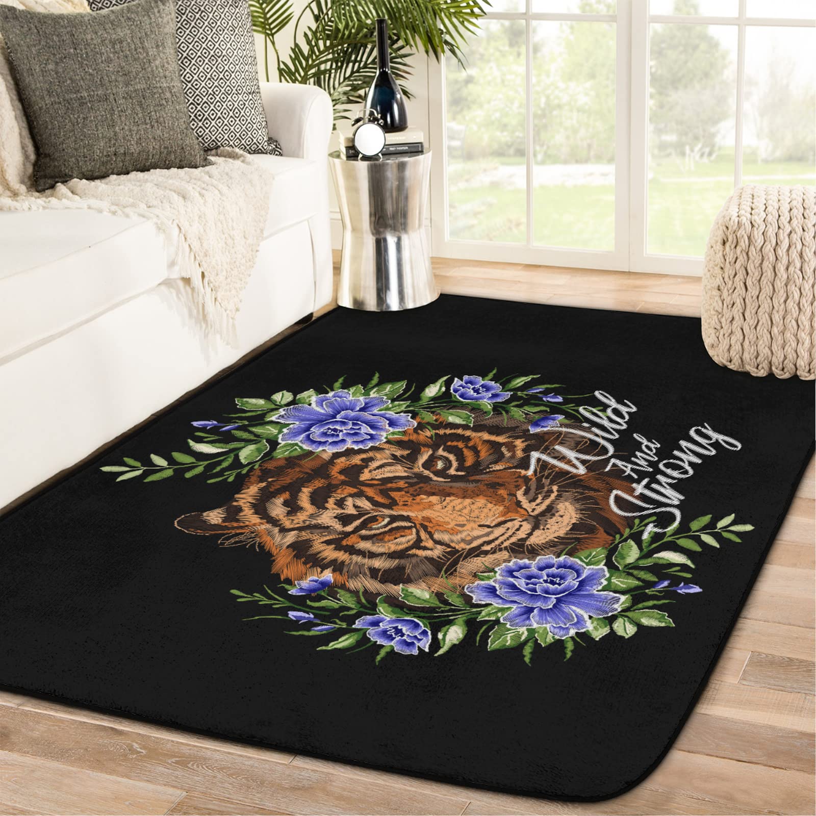 5x7 Embroidered Tiger Pattern Area Rug - Stain Resistant, Non-Slip Rubber Backing for Living Room, Nursery & Playroom | Soft Large Floor Carpet for Home Decor (5' x 7') - Perfect for Cozy Spaces, Kids Rooms & High-Traffic Areas