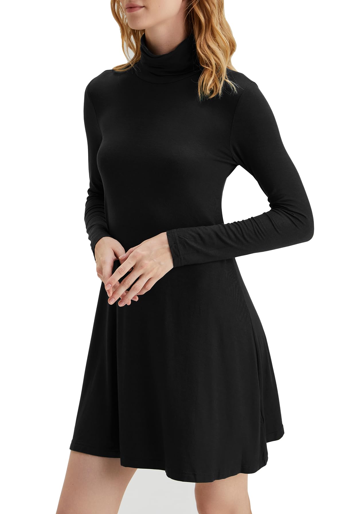 Women's Long Sleeve Turtleneck Casual Loose Fit T-Shirt Dress - Comfortable Stretchy Knit Pullover for Fall Winter Layering, Office Wear & Everyday Outfits