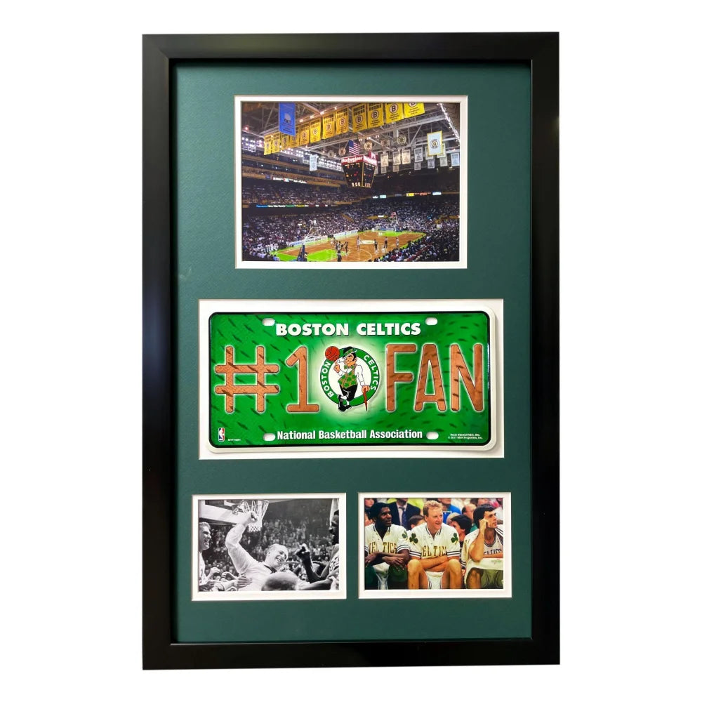 Boston Celtics Fan License Plate Framed Collage - Russell, Bird & Auerbach Memorabilia - Perfect for Man Cave, Sports Bar & Celtics Fan Gifts