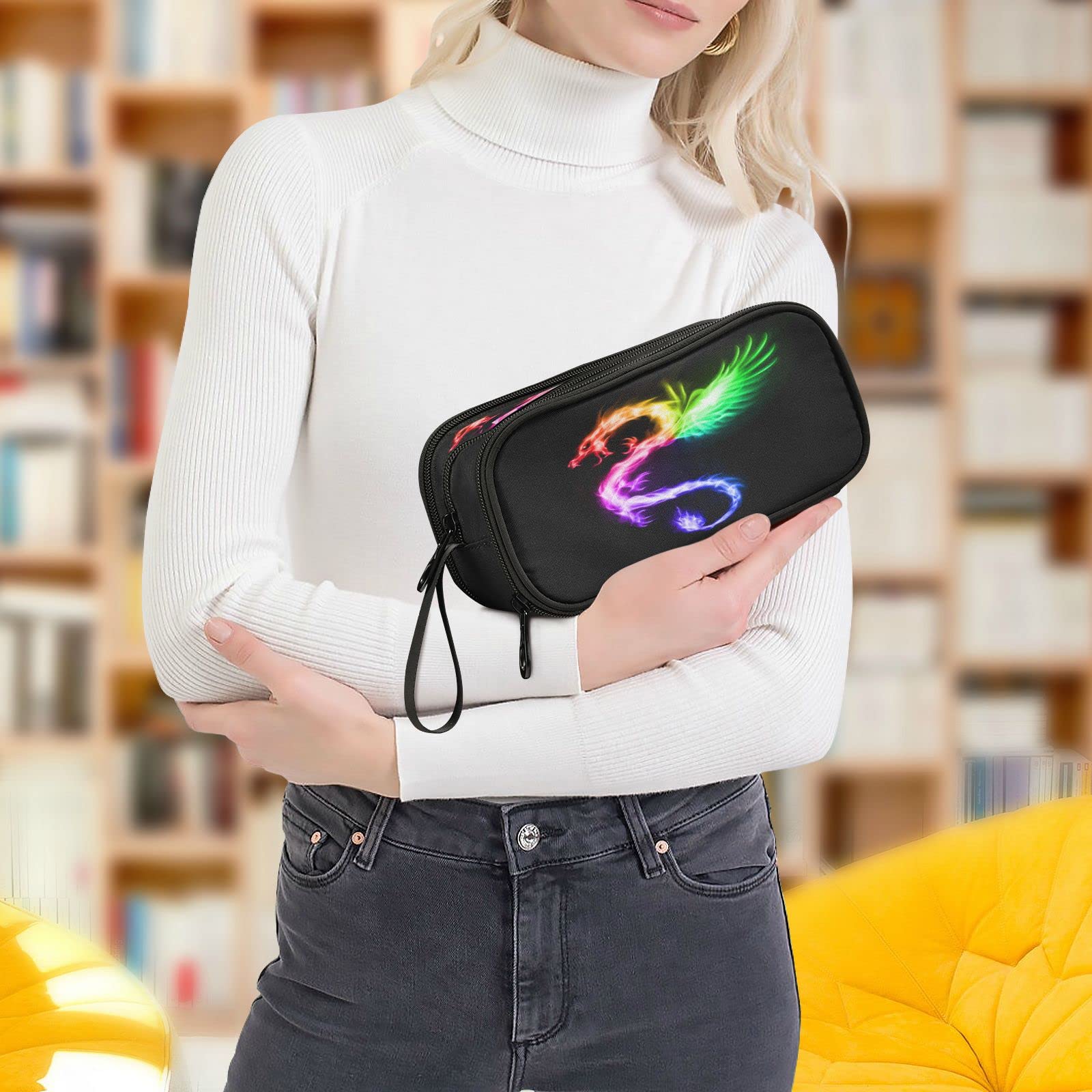 Rainbow Fire Dragon Pencil Case - 3 Compartment School Pen Holder Pouch for Boys & Girls - Portable Stationery Organizer for Pencils, Pens & Art Supplies - Perfect for Classroom, Homework & Travel