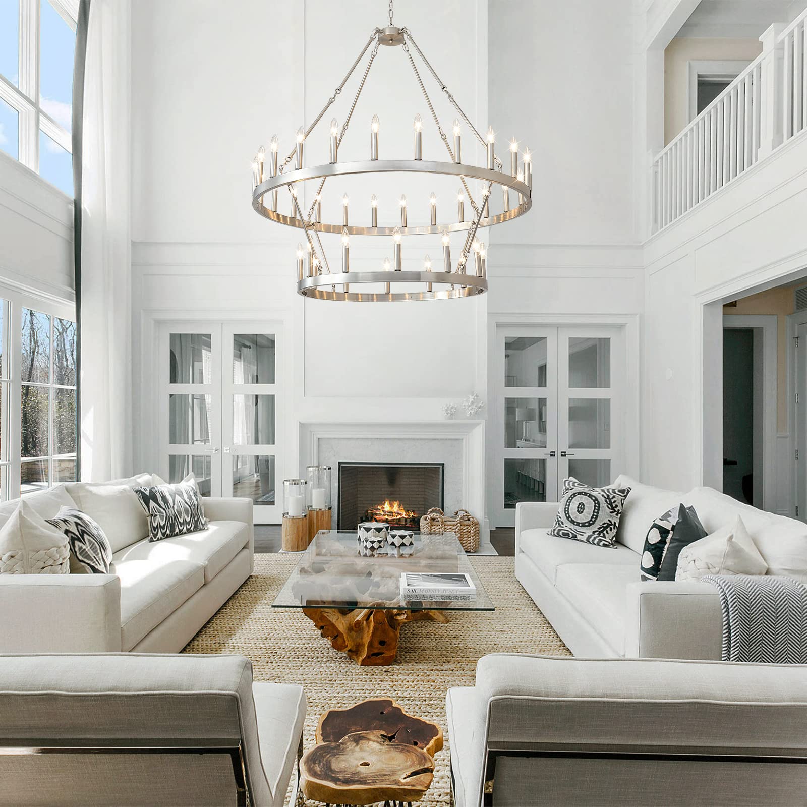Extra Large 48 Inch HHR 2-Tier Wagon Wheel Chandelier - 36-Light Rustic Farmhouse Pendant Light in Nickel Finish for High Ceilings | Perfect for Dining Rooms, Living Rooms & Offices (E12 Base) | Creates Warm Ambiance for Farmhouse Weddings & Rustic Home Decor