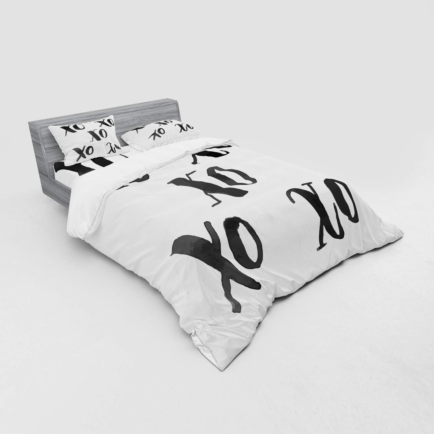 Ambesonne Xo Duvet Cover Set - Classic Calligraphy Romance Print 4-Piece Bedding Set with Shams & Fitted Sheet, Queen Size Black & White - Perfect for Romantic Bedrooms, Guest Rooms & Anniversary Gifts