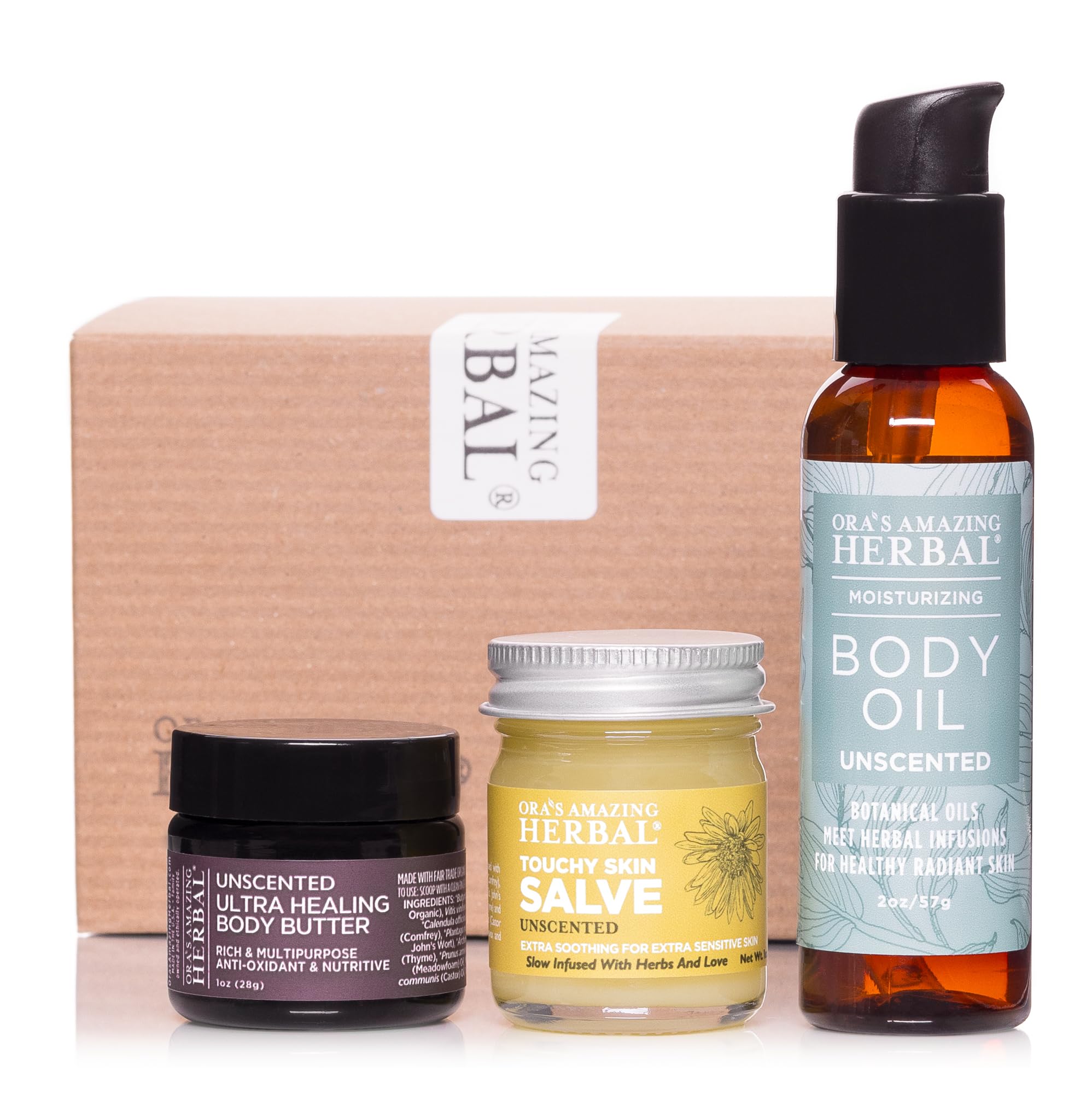 Ora's Amazing Herbal Unscented Moisturizer Travel Set for Sensitive Skin - Fragrance-Free Body Butter, Skin Salve & Body Oil Kit - Travel Size Skincare for Eczema & Dry Skin - Perfect for On-The-Go Hydration & Soothing Relief