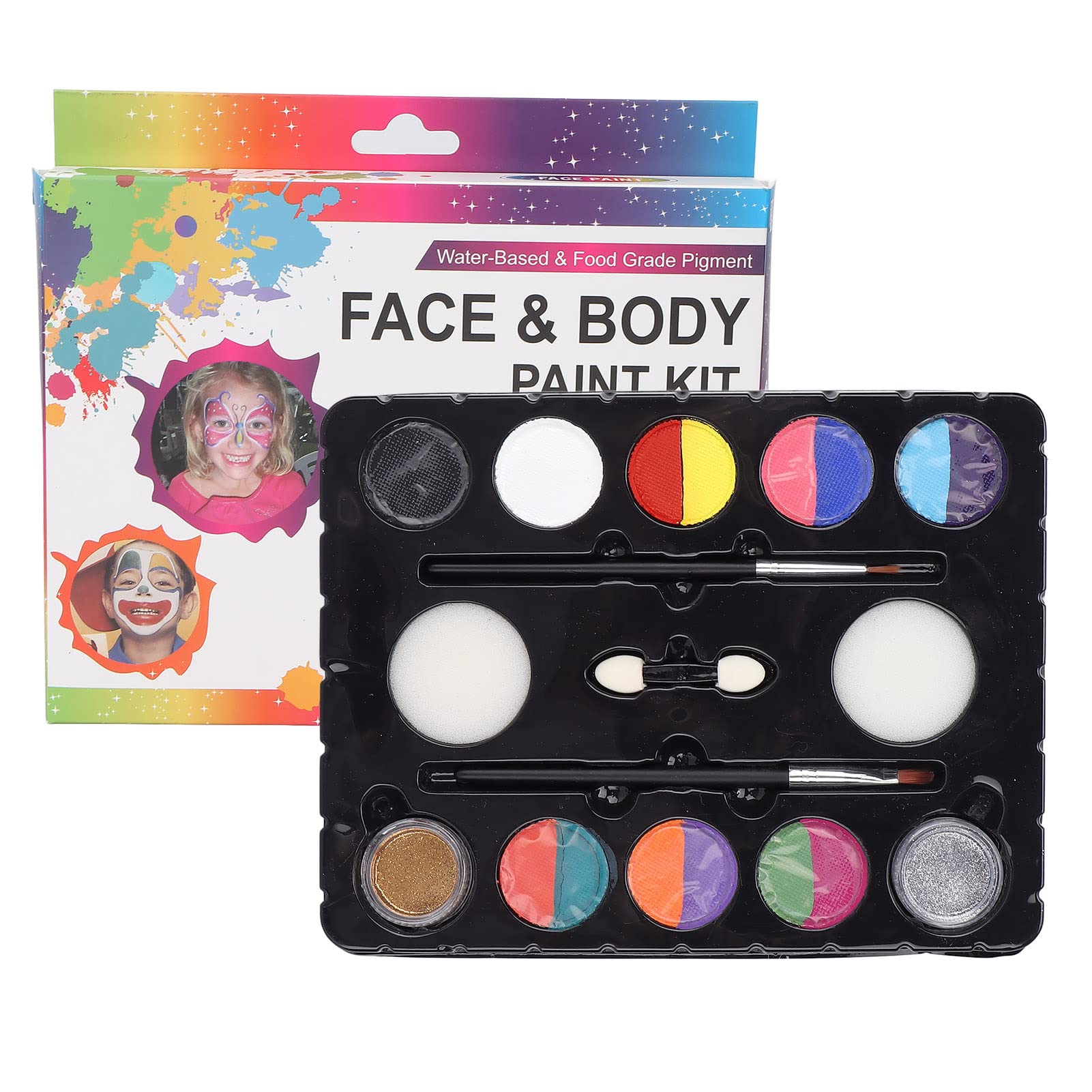 8 Colors Face & Body Paint Kit with 2 Glitter Powders - Non-Toxic Halloween, Carnival & Party Makeup for Kids & Adults - Perfect for Costume Parties, Festivals & Cosplay