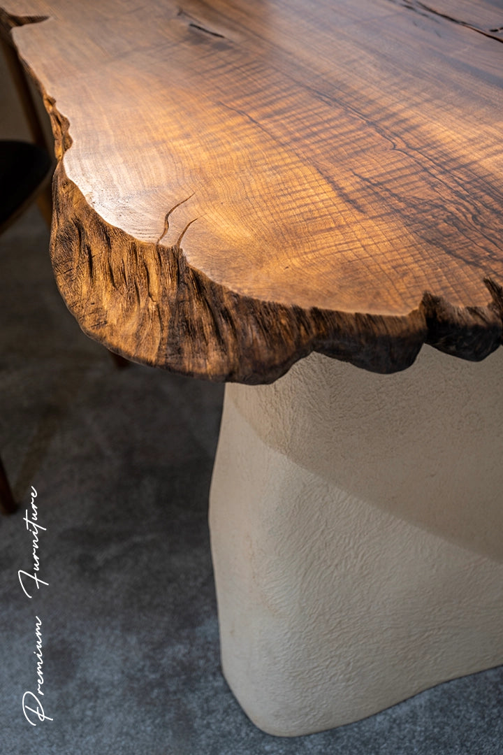 Luxury Solid Wood Walnut Dining Table with Stone-Inspired Legs - Wabi Sabi Style Modern Furniture for Living Room, Dining Room & Office