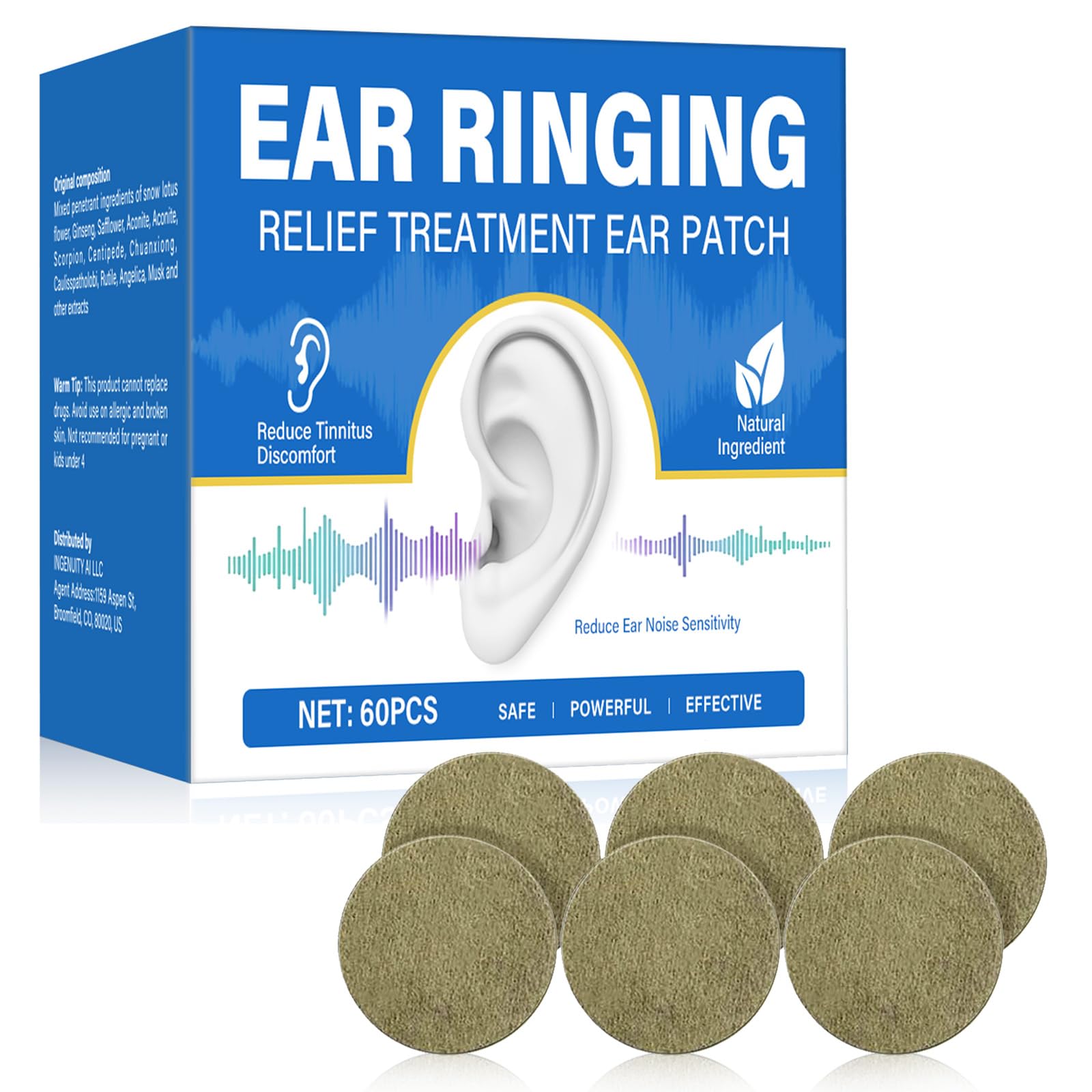 60 PCS Natural Tinnitus Relief Patches for Ringing Ears - Reduce Ear Noise & Improve Ear Discomfort with Herbal Ingredients | Effective Tinnitus Treatment for Sleep, Work & Daily Activities