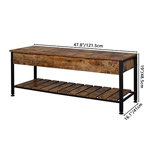 47.8 x 16.1 x 19 Inch Mid-Century Modern Shoe Storage Bench - Entryway Organizer with Rustic Brown Finish for Bedroom, Living Room & Hallway - Space Saving Shoe Rack Bench for Home Organization & Décor