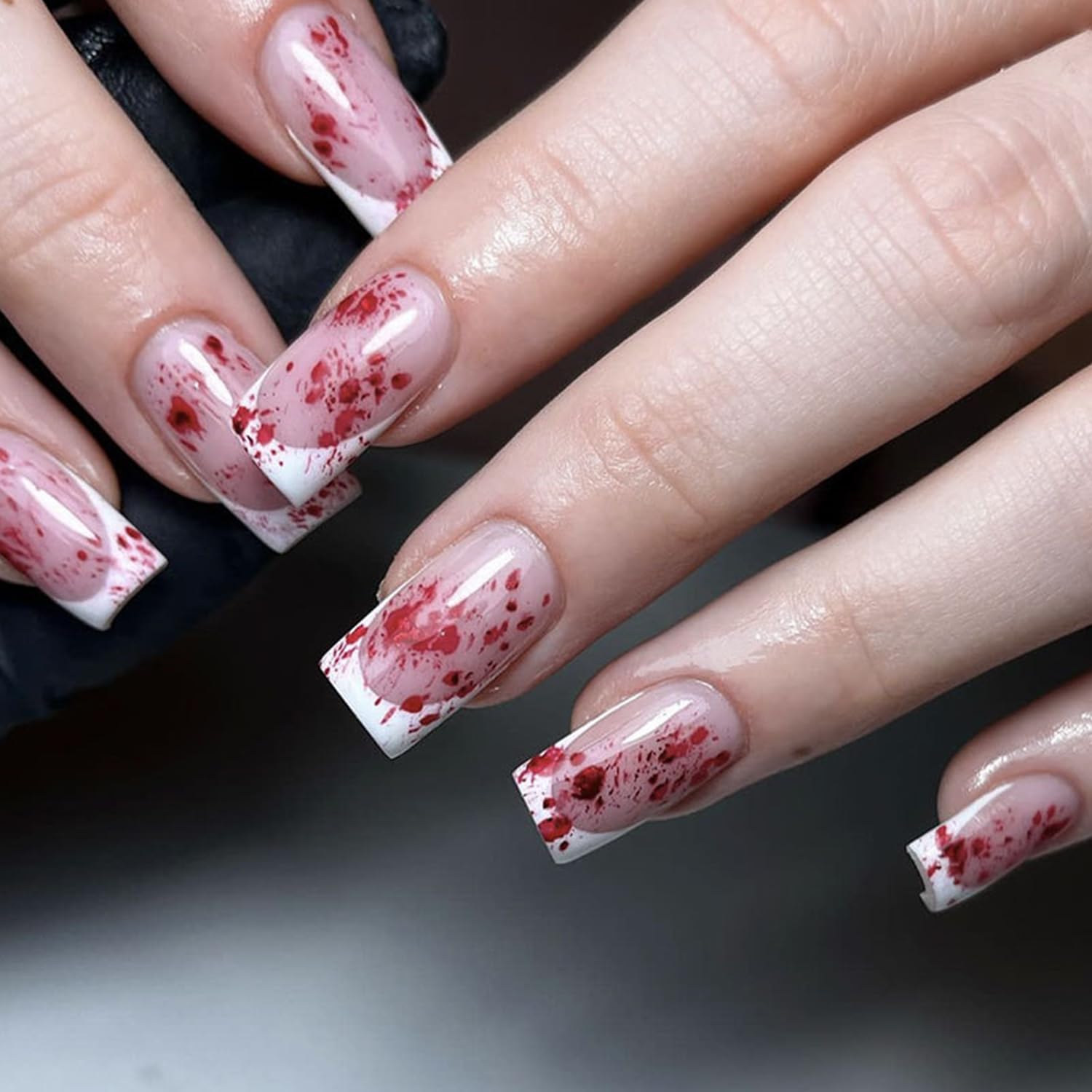24pcs Horror Gothic Press on Nails - Short Square French Tip Fake Nails with Bleeding Acrylic Designs for Halloween | Full Cover Glue on Nails for Women | Perfect for Costume Parties, Cosplay & Spooky Events