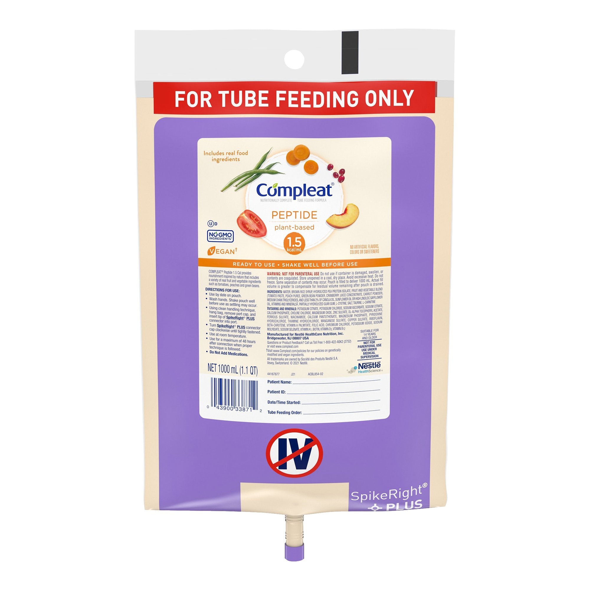 Complete Tube Feeding Formula Peptide 1.5 SpikeRight PLUS 1000 mL UltraPack - High Protein Nutrition for Adults with Digestive Issues | Ideal for Home Care, Hospital Use & Medical Nutrition Therapy