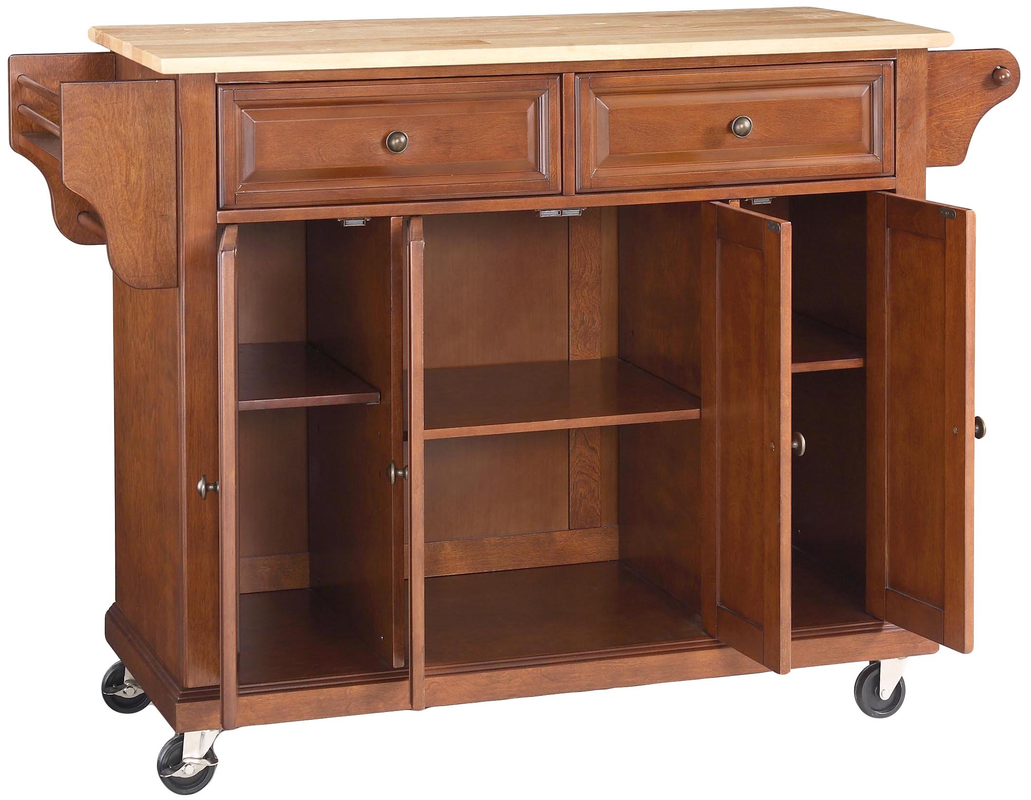 Crosley Full Size Wood Top Rolling Kitchen Island Cart with Storage - Microwave Stand, Spice Rack, Cherry Finish - Perfect for Small Kitchens, Pantry Organization & Extra Counter Space