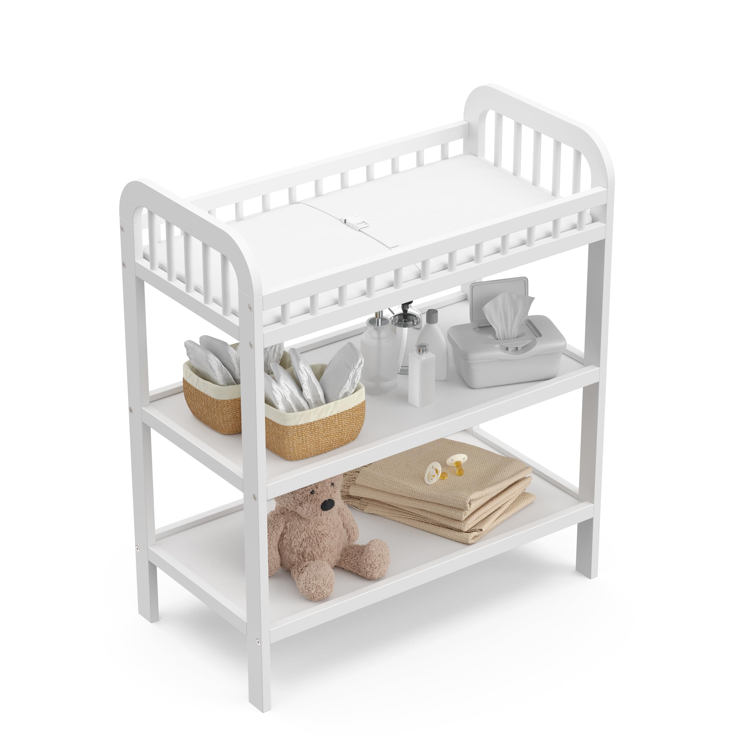 Storkcraft Pasadena White Changing Table with Water-Resistant Pad - GREENGUARD Gold Certified Baby Nursery Furniture, 2 Open Shelves & Safety Strap | Perfect for Diaper Changing, Baby Care Organization in Nursery Rooms