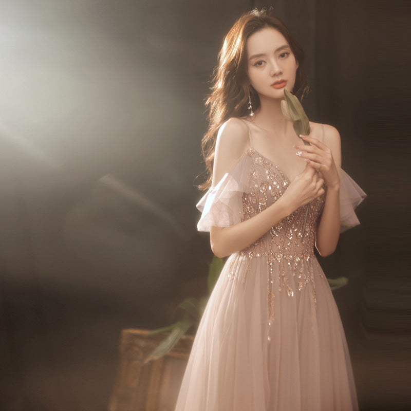 Elegant A-Line Beaded Long Prom Dress with Fairy Tulle Skirt - Formal Evening Gown for Homecoming, Wedding, and Special Occasions