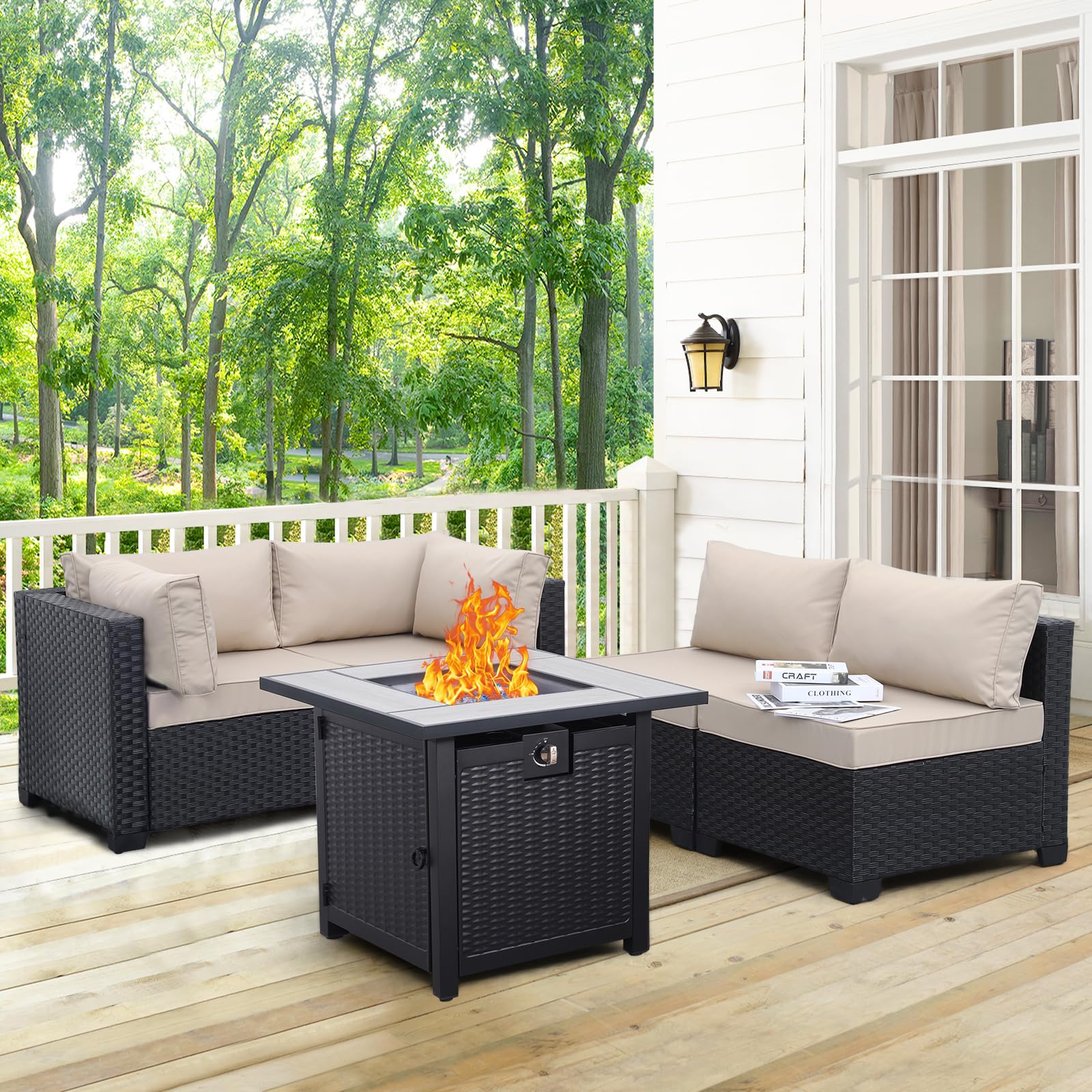 Outdoor PE Wicker 5-Piece Patio Furniture Set - Black Rattan Sectional Sofa with Fire Pit Table & Khaki Cushions | Perfect for Backyard, Garden, Poolside & Outdoor Conversations