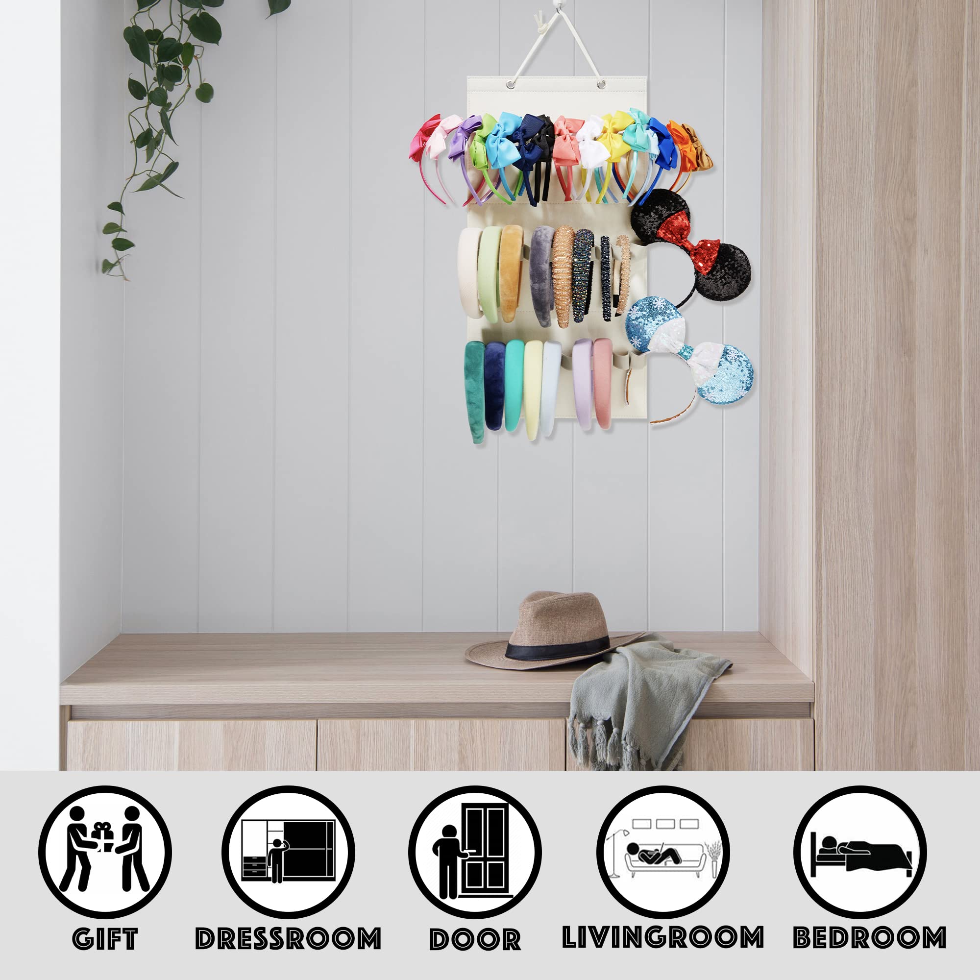 30-Loop Hanging Headband Organizer for Women & Girls - Wall-Mounted Elastic Headband Holder Display - Space-Saving Home Storage Solution for Hair Accessories (Beige) - Perfect for Bedroom, Bathroom & Closet Organization