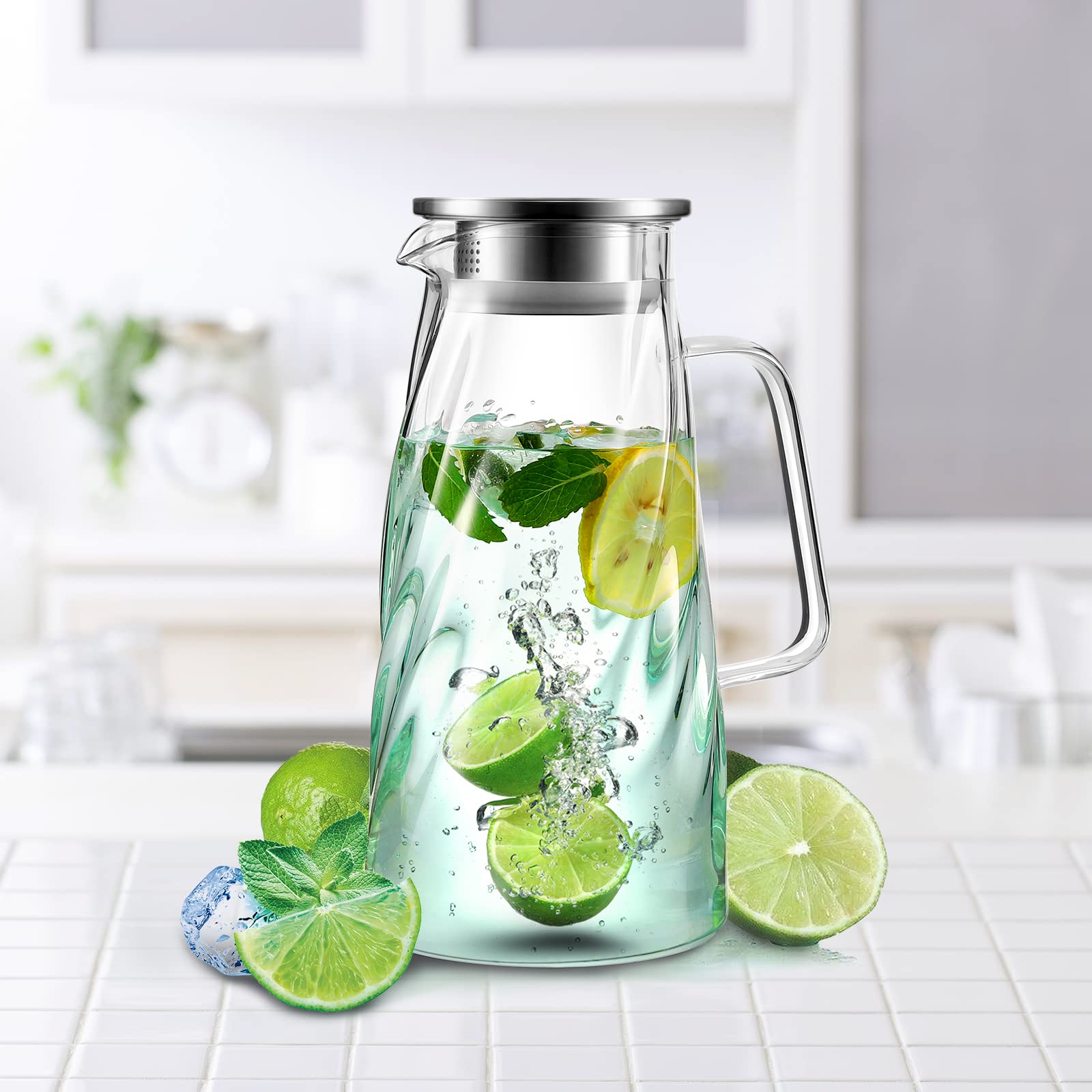 VEVOK CHEF 57 oz Glass Pitcher with Lid - 1.7L Iced Tea & Sun Tea Pitcher - BPA-Free Beverage Carafe for Hot/Cold Drinks, Juice, Milk, Water - Perfect for Refrigerator, Parties, and Outdoor Gatherings