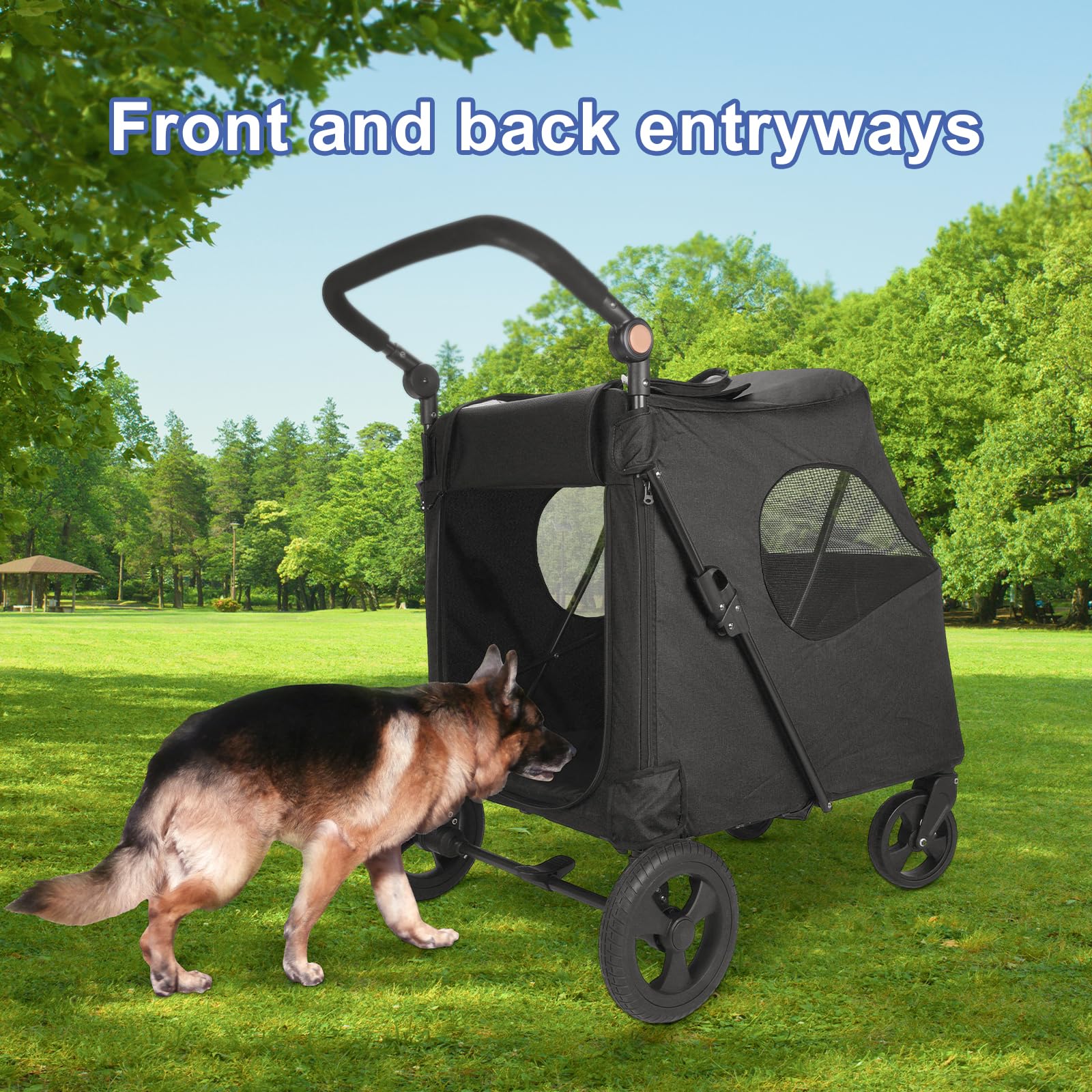 Foldable Dog Stroller for Medium & Large Dogs - 4-Wheel Pet Jogger Carrier with Adjustable Handle & Zipper Entry, Supports Up to 160 lbs (Black) - Perfect for Travel, Jogging, and Outdoor Adventures with Your Pet
