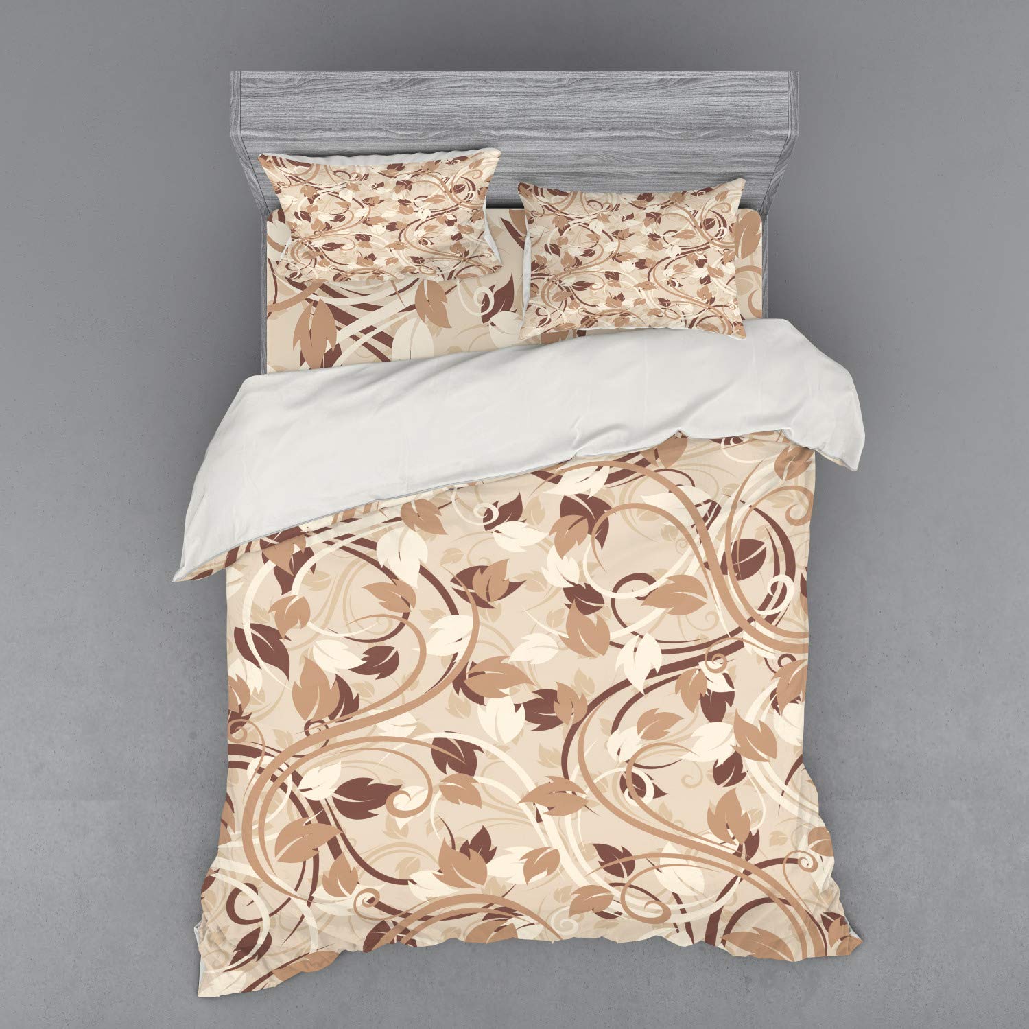 Ambesonne Ivory 4-Piece Queen Bedding Set - Autumn Leaves Fall Theme Duvet Cover with Shams & Fitted Sheet in Cream Umber Cocoa | Cozy Seasonal Home Decor for Master Bedroom Guest Room