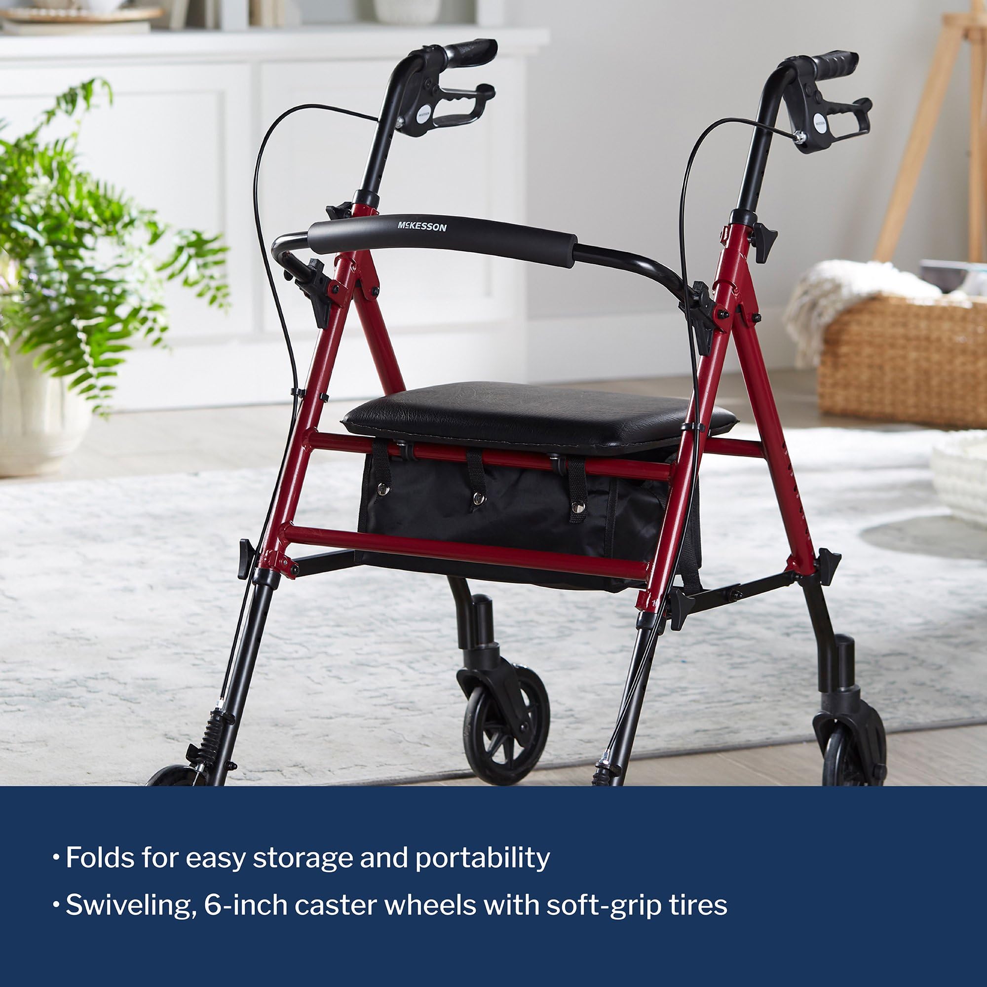 McKesson Lightweight Rollator Walker with Wheels, Seat & Storage Bag - Adjustable Height for Seniors & Adults - Foldable Mobility Aid for Indoor & Outdoor Use