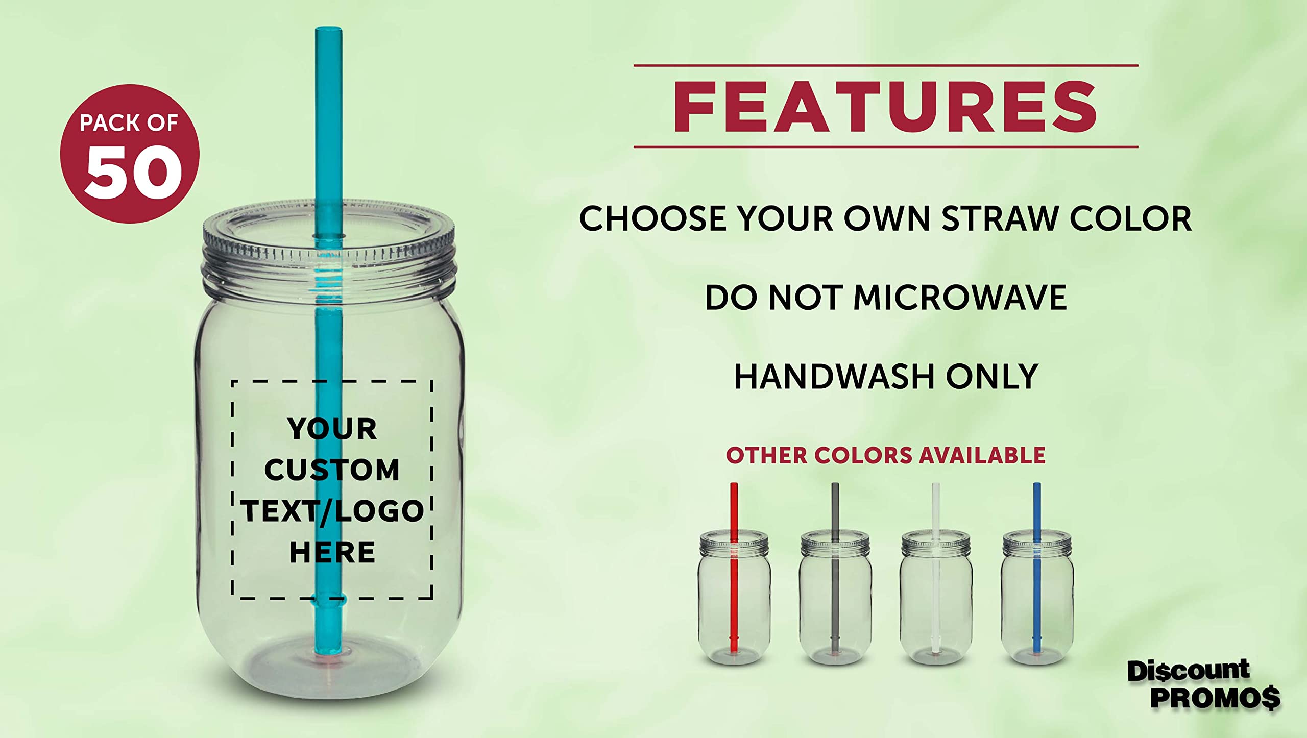 Custom 24 oz Plastic Mason Jars with Straws - Bulk Pack of 50 Personalized Drink Containers for Overnight Oats, Candies, Pickles & Beverages | Reusable BPA-Free Jars for Parties, Picnics, Meal Prep & Home Storage (Aqua Color)