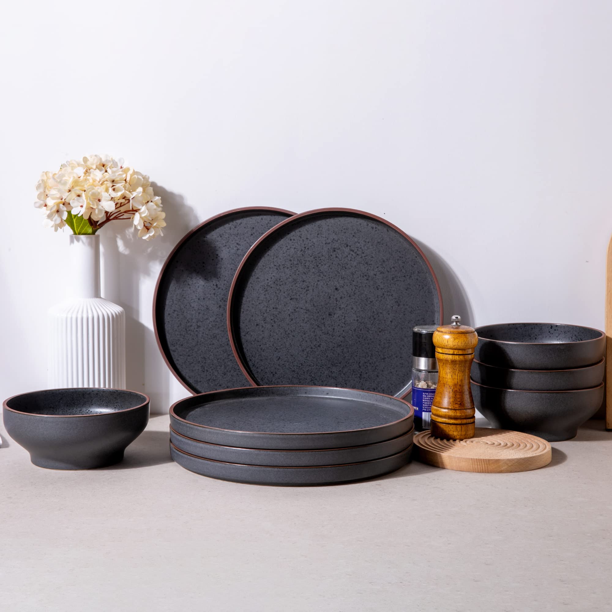 LERATIO 6-Piece Ceramic Dinner Plates Set - 10.75 Inch Large Round Plates, Microwave & Dishwasher Safe, Oven-Friendly Modern Dinnerware - Coffee Rim Design - Perfect for Family Dinners, Restaurants & Entertaining Guests