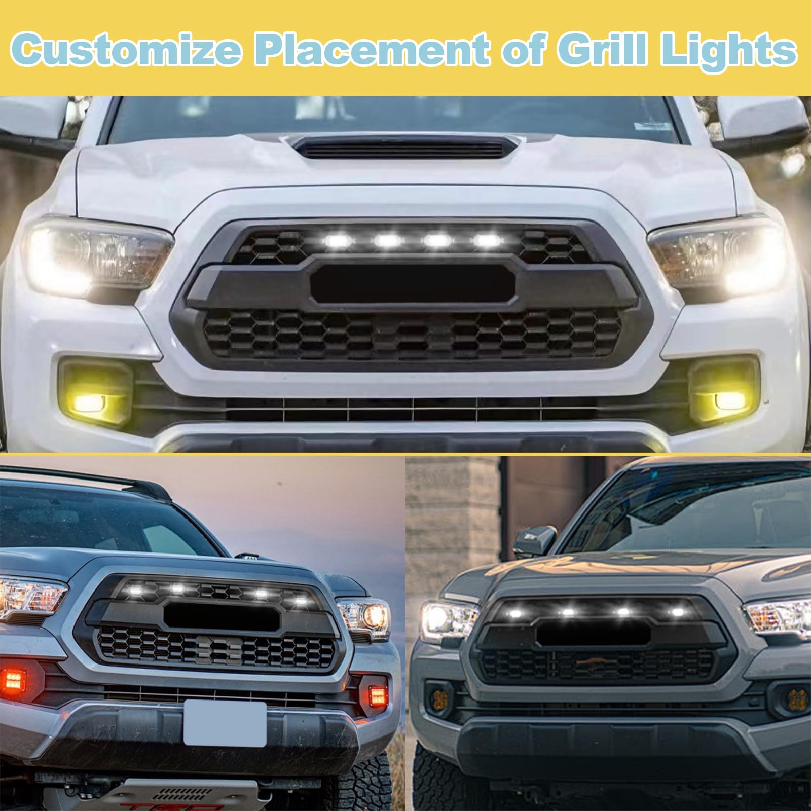 5pcs LED Grill Lights for Toyota Tacoma TRD-Pro 2015-2023 | Aftermarket TRD-Pro Grille Lights | White & Black LED Off-Road Lighting for Truck Accessories | Perfect for Night Off-Roading & Custom Truck Modifications