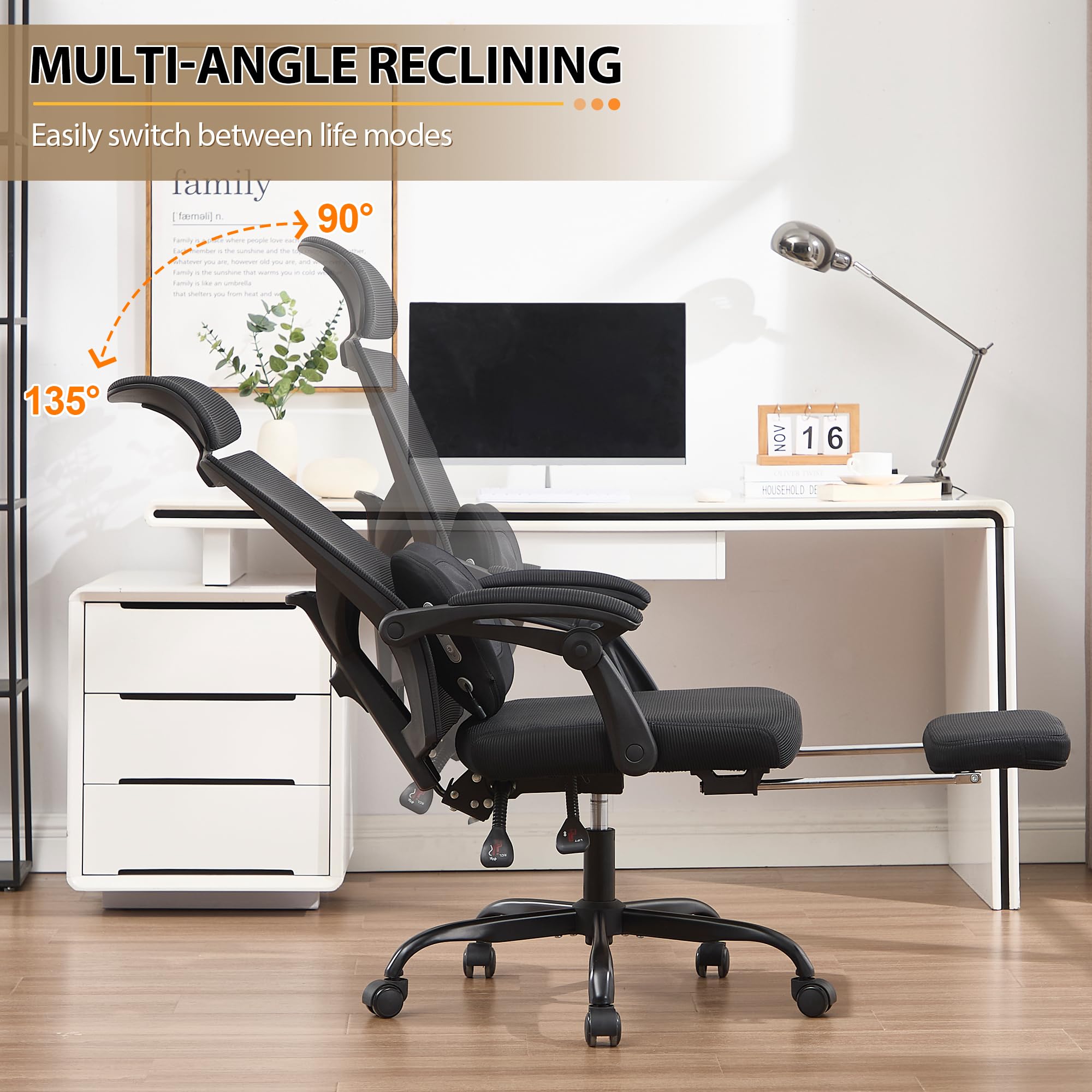 Qulomvs Ergonomic Office Chair with Massage & Heated Lumbar Support - Adjustable Kneading Massage Desk Chair with Footrest, 90-135° Reclining Mesh Computer Chair on Wheels - Perfect for Home Office, Gaming, and Long Work Sessions