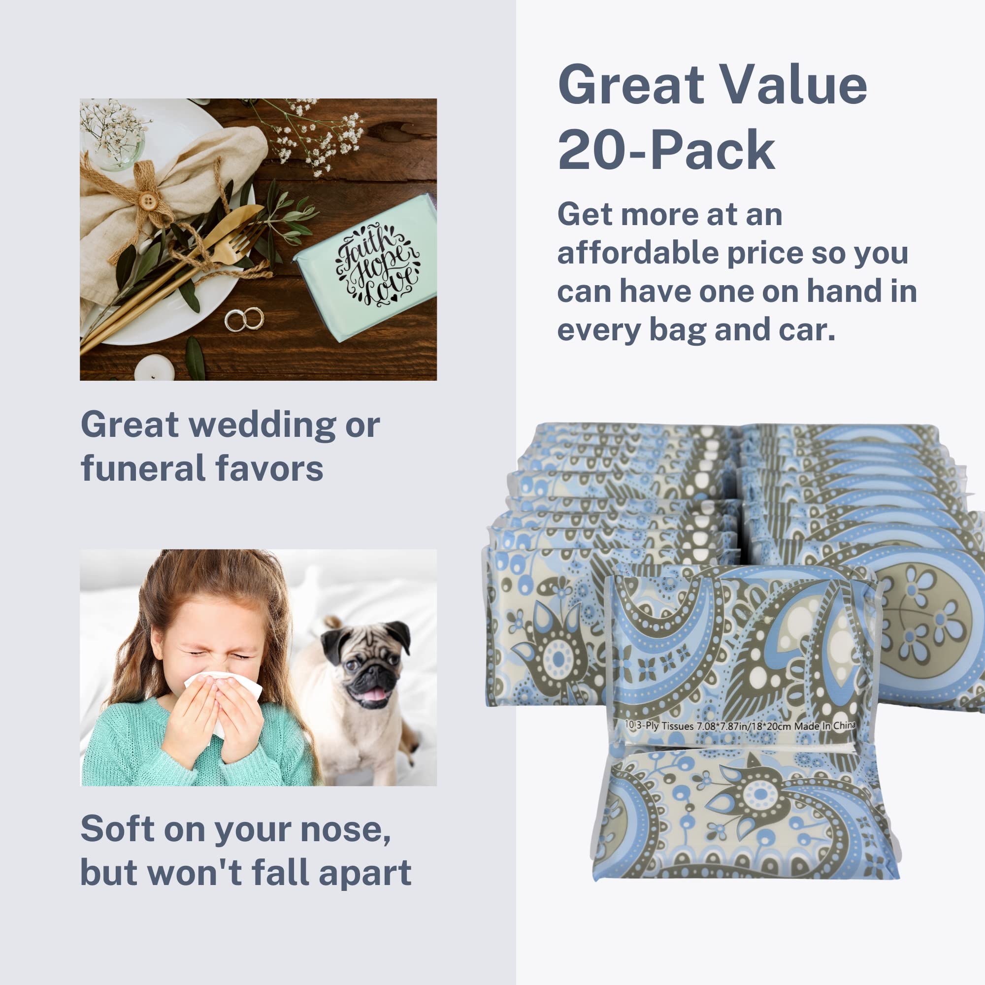 Travel Size Pocket Tissue Packs (20-Pack) - Compact Purse Tissues for Travel, Weddings, Funerals & Car Essentials | Soft Blue Paisley Design | Perfect for On-the-Go, Gifts & Everyday Use