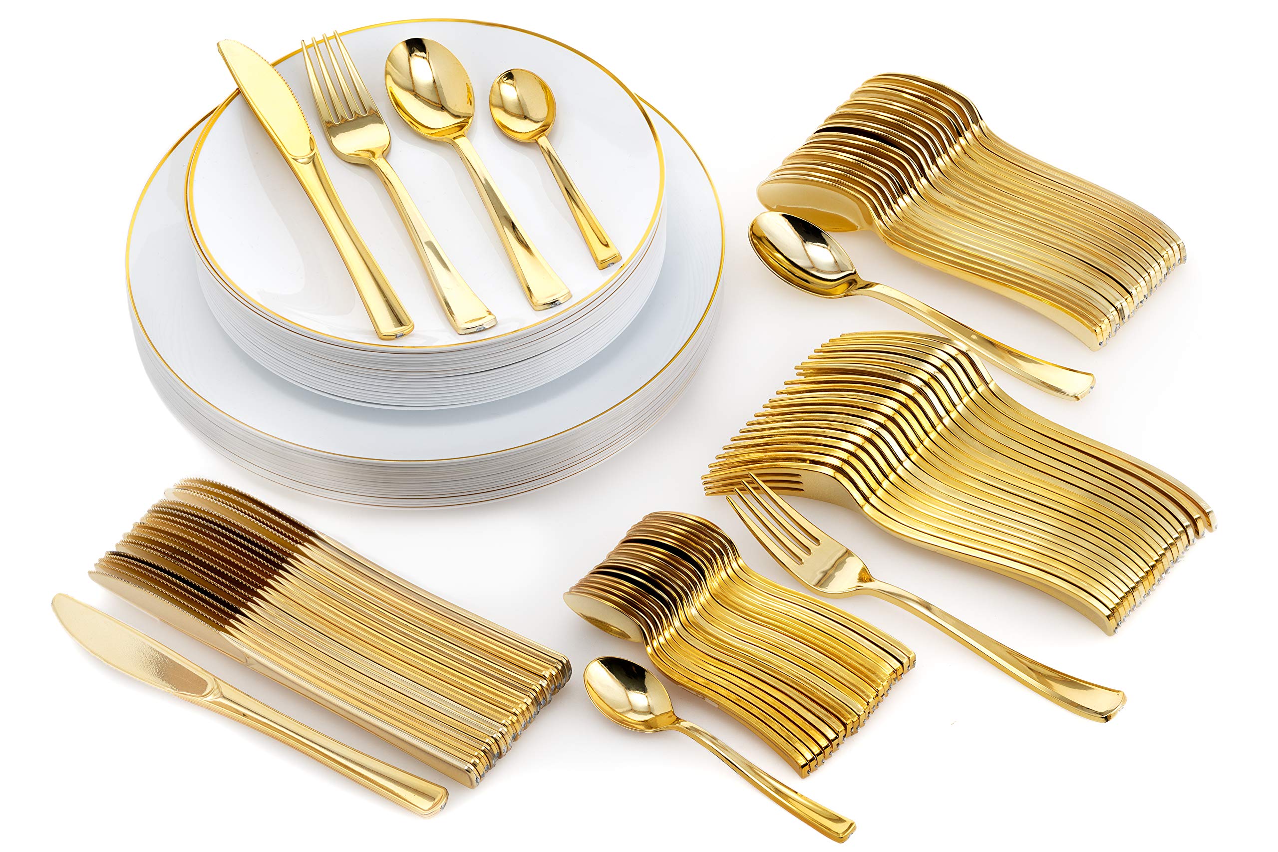 Premium 120-Piece White & Gold Elegant Disposable Dinnerware Set - Plates, Forks, Knives, Spoons & Teaspoons for Wedding, Party, Catering (Serves 20) | Perfect for Formal Events, Bridal Showers & Upscale Gatherings