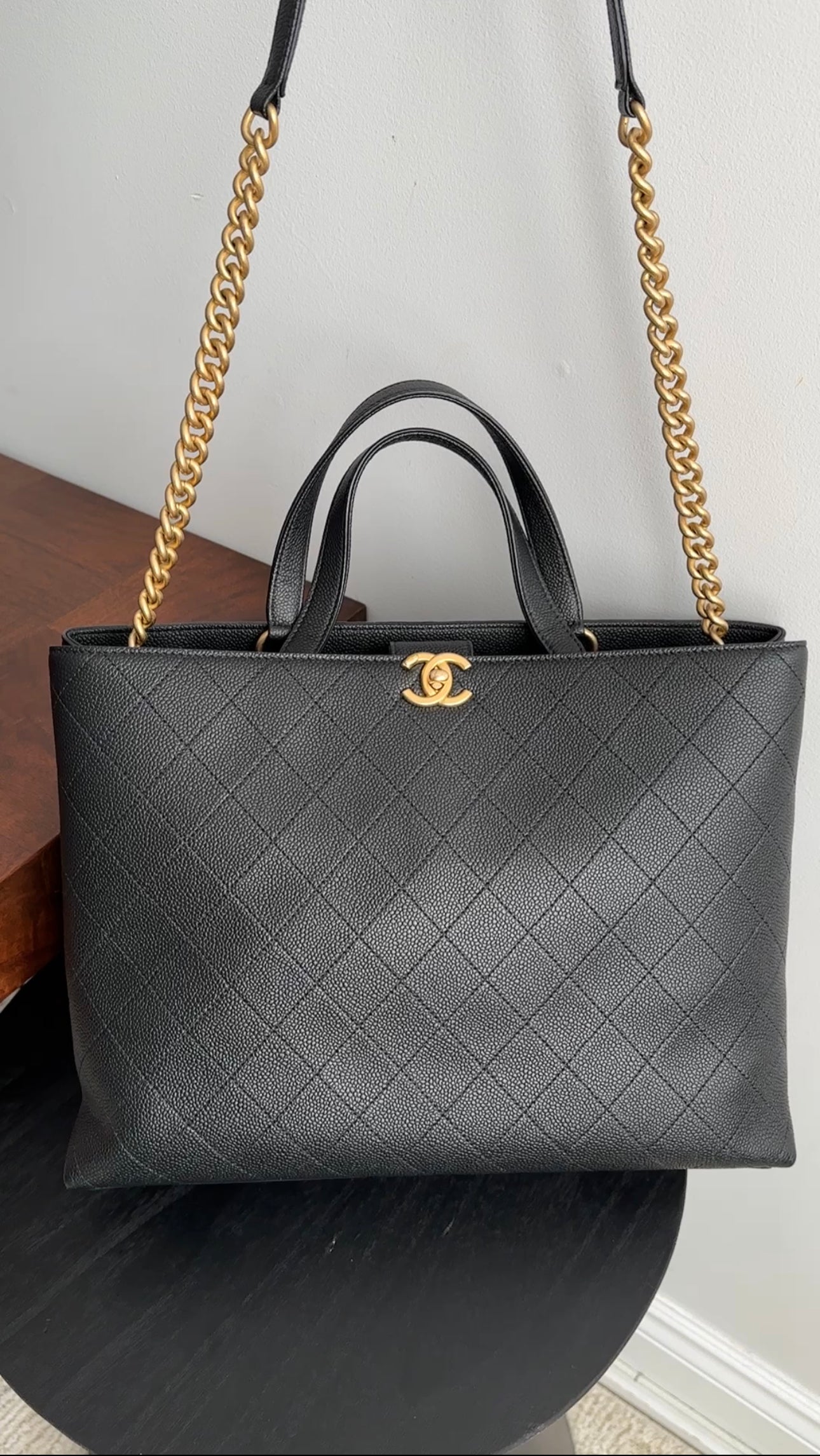 Chanel Black Stitched Caviar Leather Chic Affinity Tote Bag for Women - Luxury Designer Handbag for Work, Travel & Everyday Use