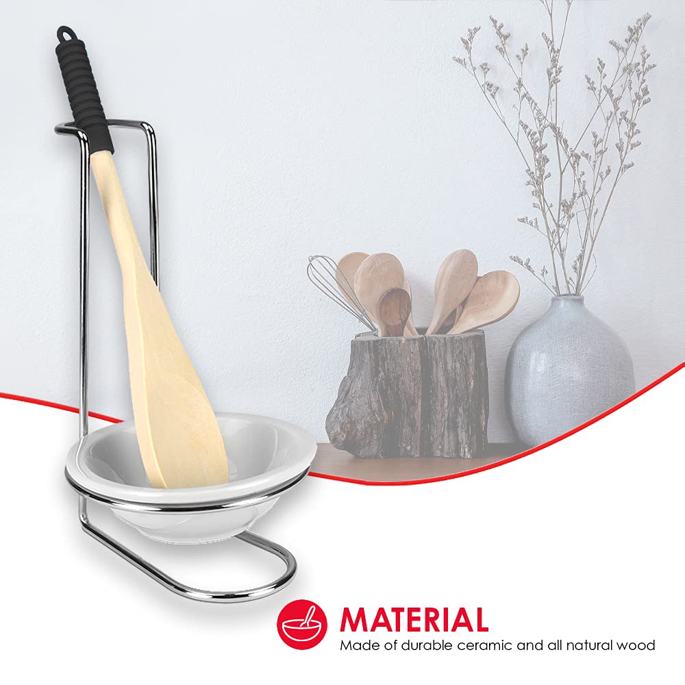 Home Basics Standing Spoon Rest with Ceramic Tray & Wooden Spoon Holder - Kitchen Countertop Organizer for Spatula, Ladle & Utensils - Chrome Finish (2-Pack, Ceramic) - Perfect for Stovetop, Cooking & Meal Prep