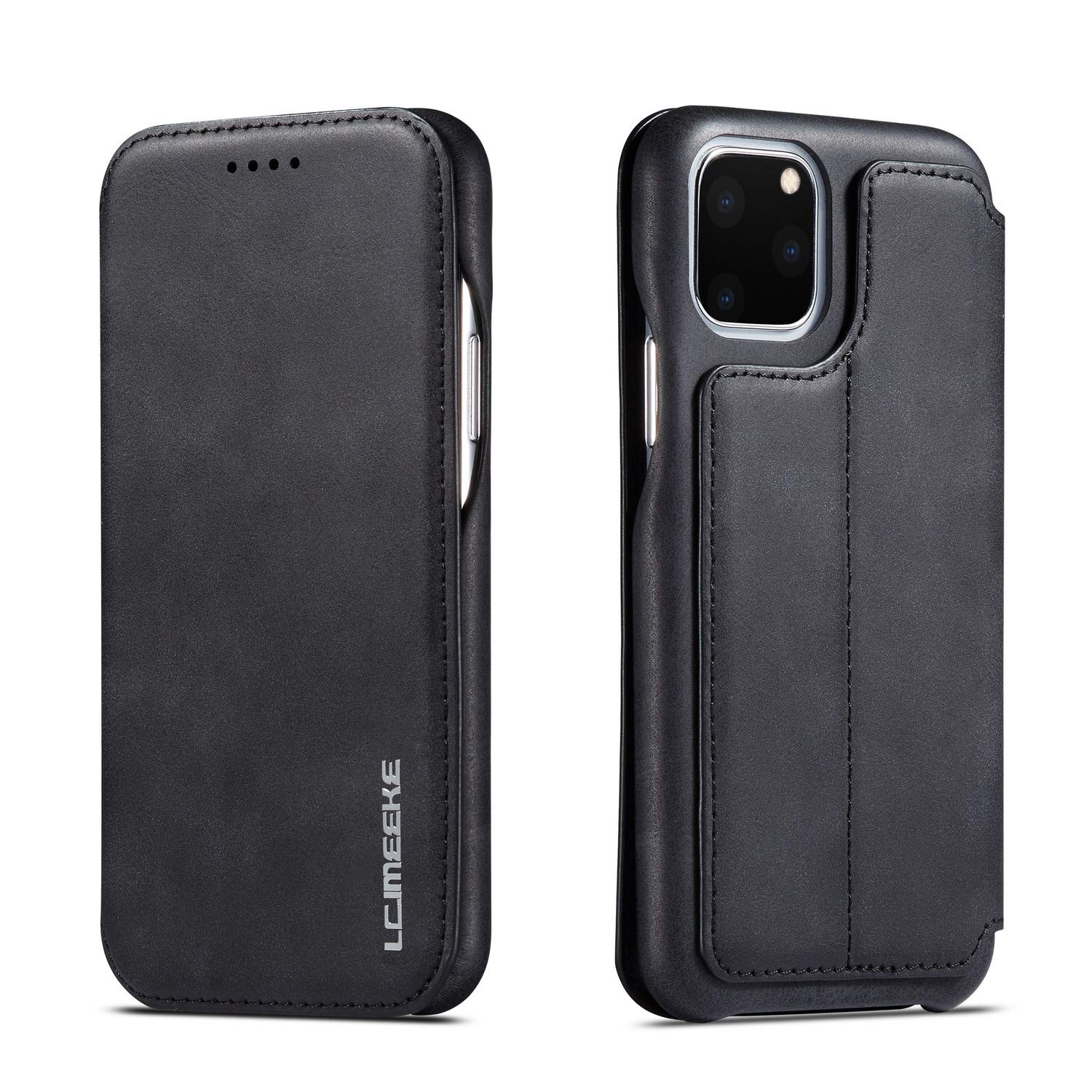 Vintage Slim PU Leather iPhone 11 Case with Credit Card Holder & Kickstand - Shockproof Protective Wallet Cover | Classic Design for Men & Women | Perfect for Work, Travel & Daily Use (Black)