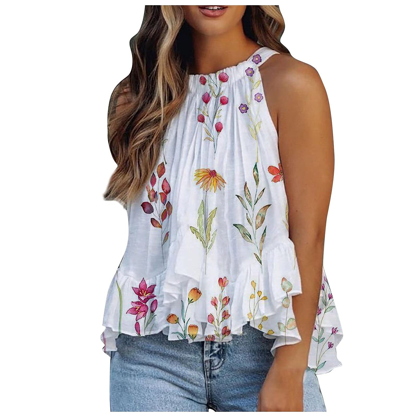 Floral Print Halter Tops for Women - Sleeveless Pleated Ruffle Hem Camisole Tank Tops | Summer Beachwear & Vacation Outfits | Lightweight & Comfortable for Warm Weather | Perfect for Pool Parties, Tropical Vacations, Beach Weddings, Casual Outings, Outdoor Events & Music Festivals | Travel Essentials, Boho Chic Style & Summer Fashion Trends | Great for Beach Days, Weekend Getaways, Date Nights and Festival Looks | Ideal for Summer Travel, Seaside Strolls, Resort Wear, and Boho-Themed Gatherings