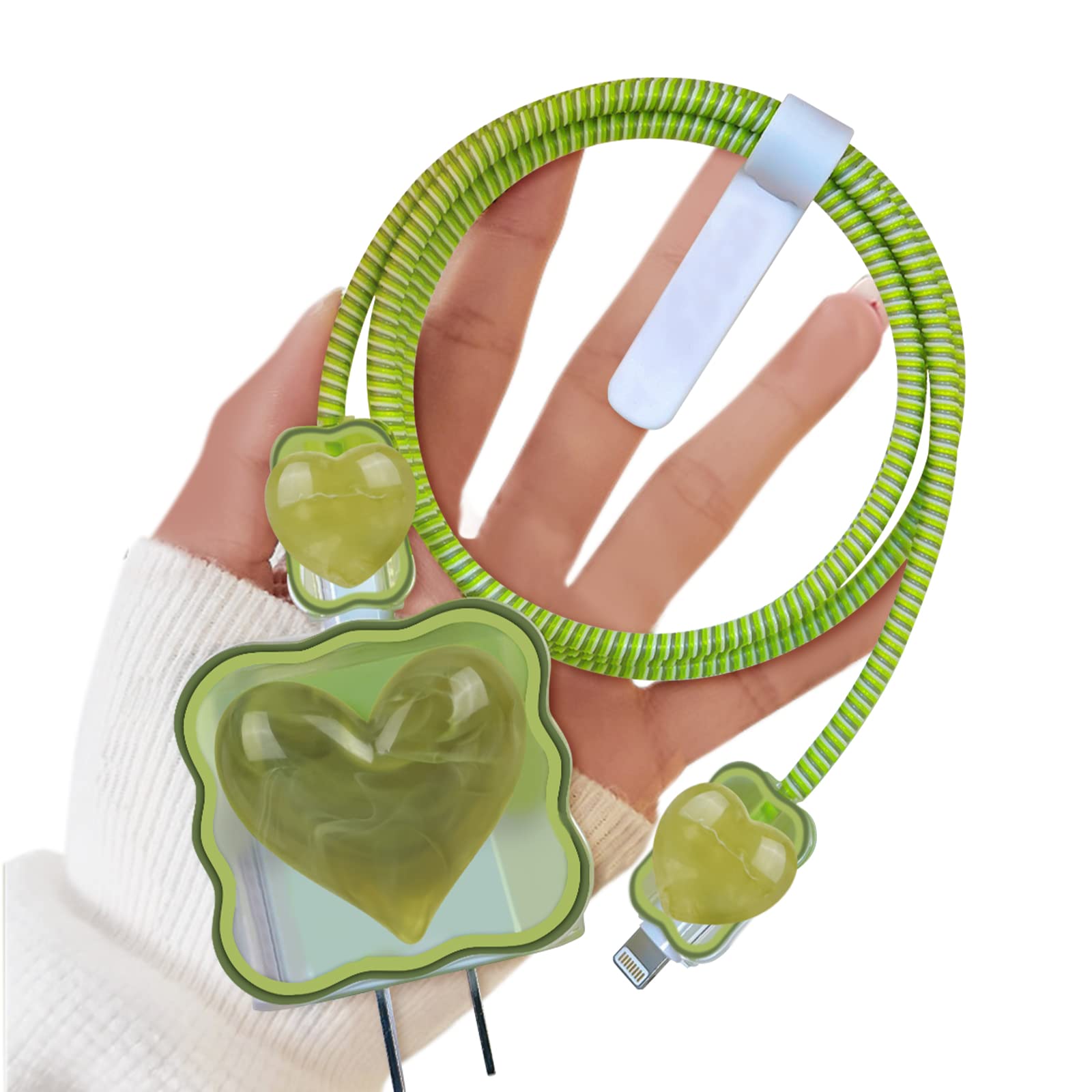 3D Marble Heart Wave DIY Cable Protector for iPhone Charger - Cute USB Charger Wire Saver for iPhone 11/12/13/14 Pro Max/XS/XR/X/7/8 Plus (Green) - Prevent Cable Damage at Home, Office & Travel
