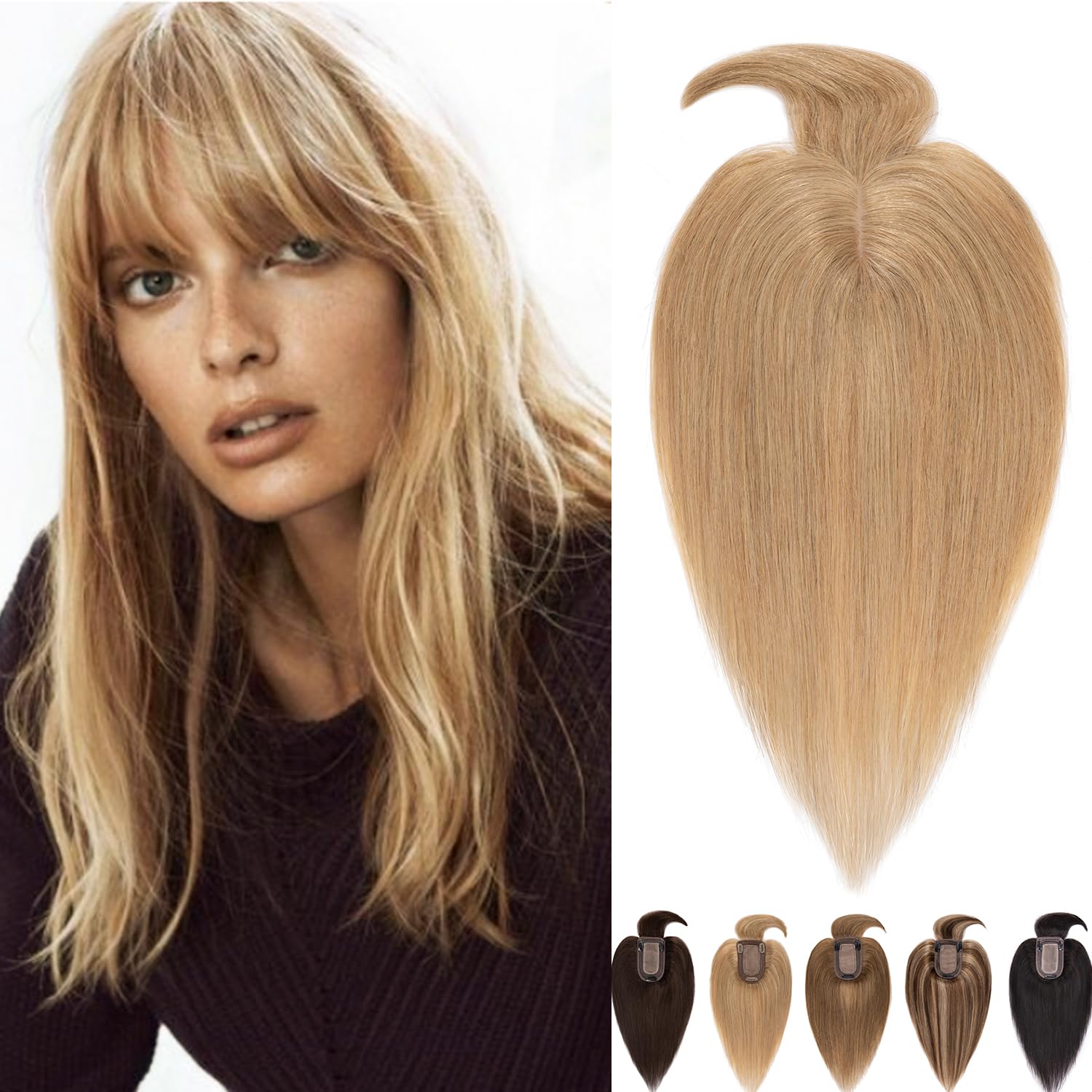 Premium 14 Inch Human Hair Topper for Women - 150% Density Silk Base Blonde Clip-in Hair Piece (27#) for Thinning Hair with Bangs | Natural Looking Hair Extensions for Daily Wear, Special Occasions & Confidence Boost