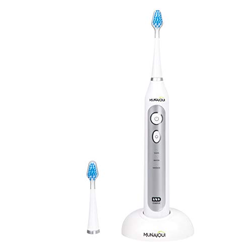 MUNAIQUI Rechargeable Electric Toothbrush with Timer - 3 Cleaning Modes, 2 Brush Heads for Teeth Whitening, Fresh Breath & Gum Care - Smart Sonic Toothbrush for Adults - Perfect for Travel & Daily Oral Hygiene