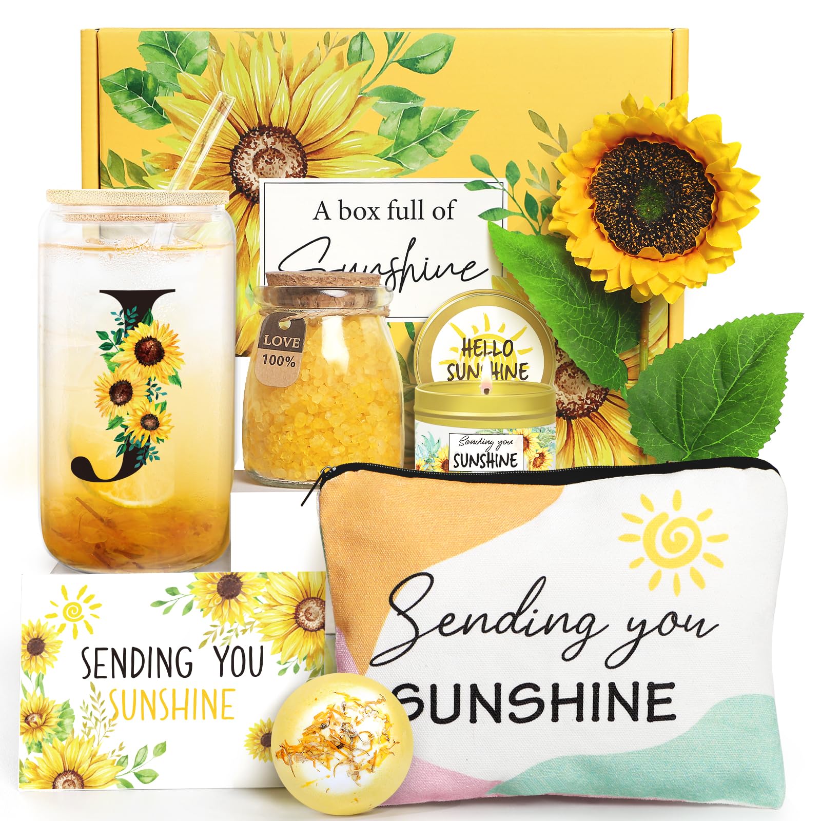 Personalized Sunflower Initial Gifts for Women - Monogrammed Self Care Spa Birthday & Get Well Soon Gifts - Sunshine Themed Gift Baskets - Perfect for Birthdays, Recovery, Spa Days & Special Occasions