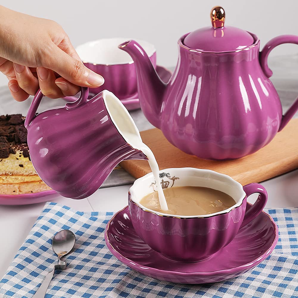 SWEEJAR British Royal Porcelain Tea Set - 8 OZ Teacups with Saucers, Teapot, Sugar Bowl, Cream Pitcher, Teaspoons & Tea Strainer + 3-Tier Ceramic Cake Stand | Elegant High Tea, Wedding, Bridal Shower & Afternoon Party Serving Set