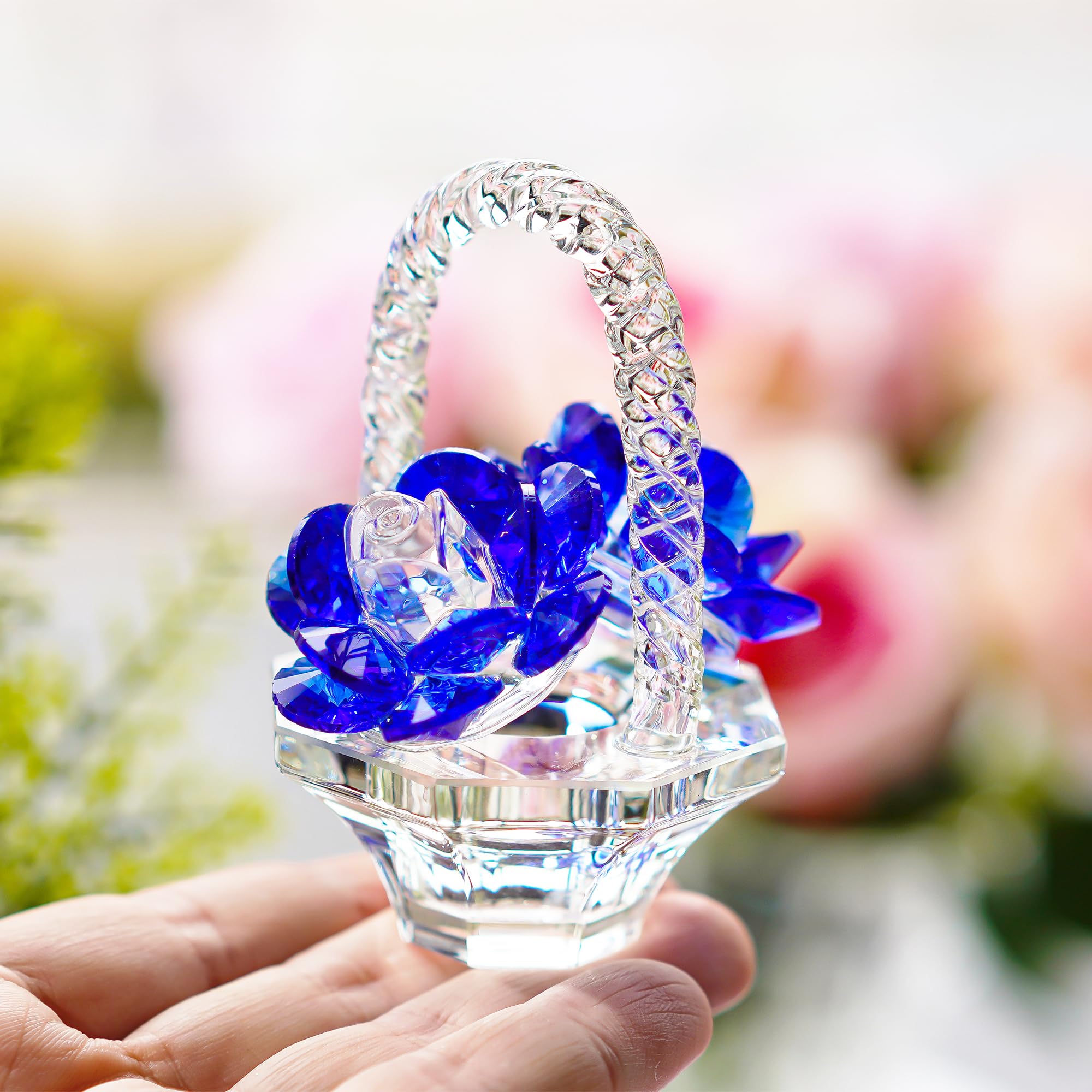 H&D HYALINE & DORA Blue Crystal Glass Rose Flower Gift Set - Perfect for Valentine's Day, Mother's Day, Christmas, Anniversary & Birthday Presents - Elegant Home Decor & Romantic Gift Idea