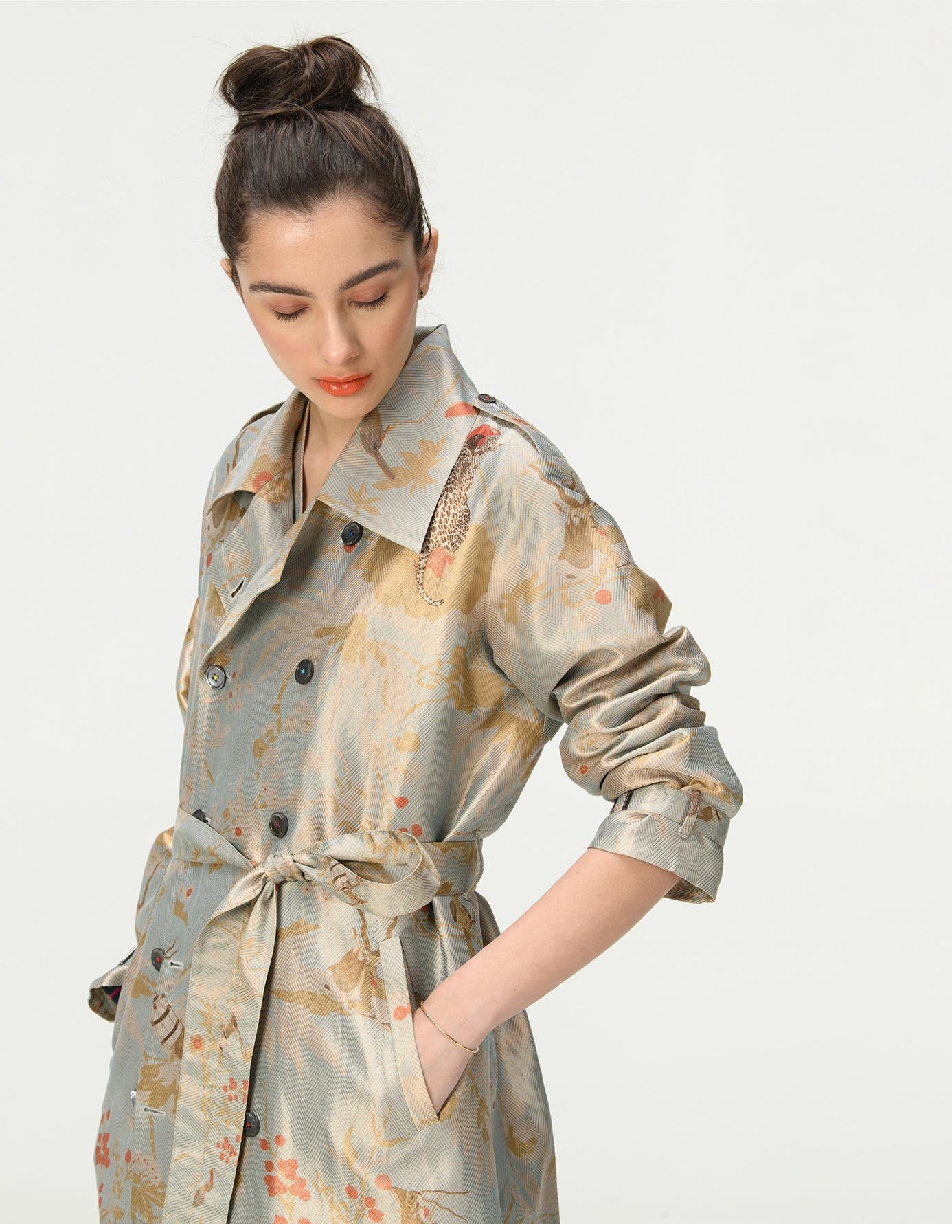 Elegant Ice Blue Silk Brocade Trench Coat - Vintage Inspired Women's Outerwear for Formal Events & Evening Occasions