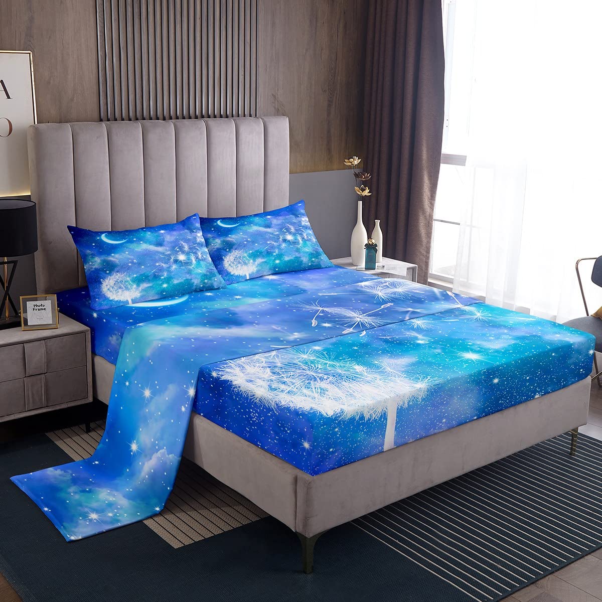 Manfei Twin Size Dandelion Flower Print Bedding Set - 3 Piece White Sheet Set with Deep Pocket Fitted Sheet, Flat Sheet & Pillowcase | Soft Cotton Kids Bed Sheets for Girls & Teens | Perfect for Nursery, Dorm Room or Guest Bedroom