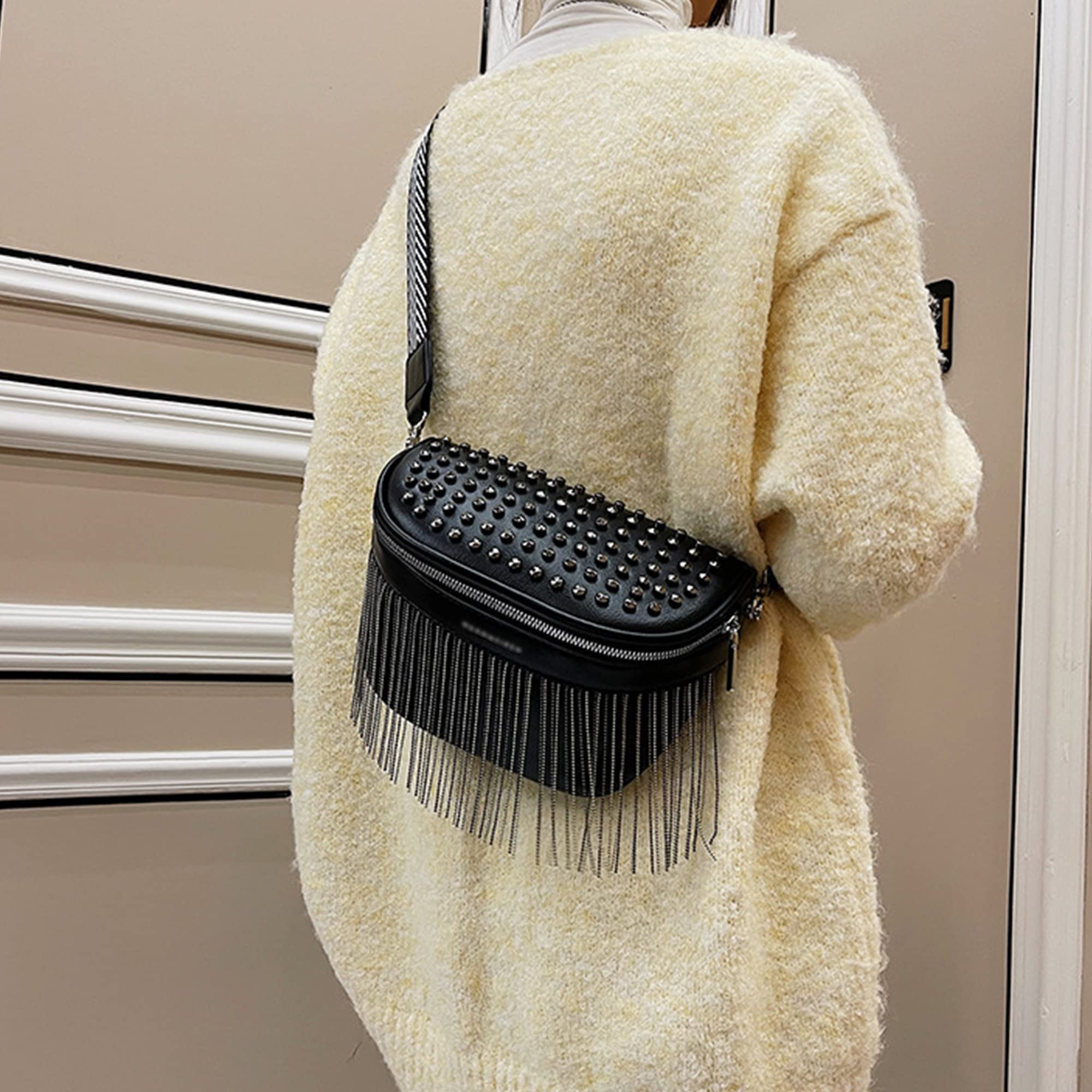 Minache Women's Glitter Rhinestone Tassel Leather Fanny Pack - Crossbody Shoulder Bag with Rivet Design for Girls & Women (Black) - Perfect for Concerts, Travel, and Everyday Fashion Accessory