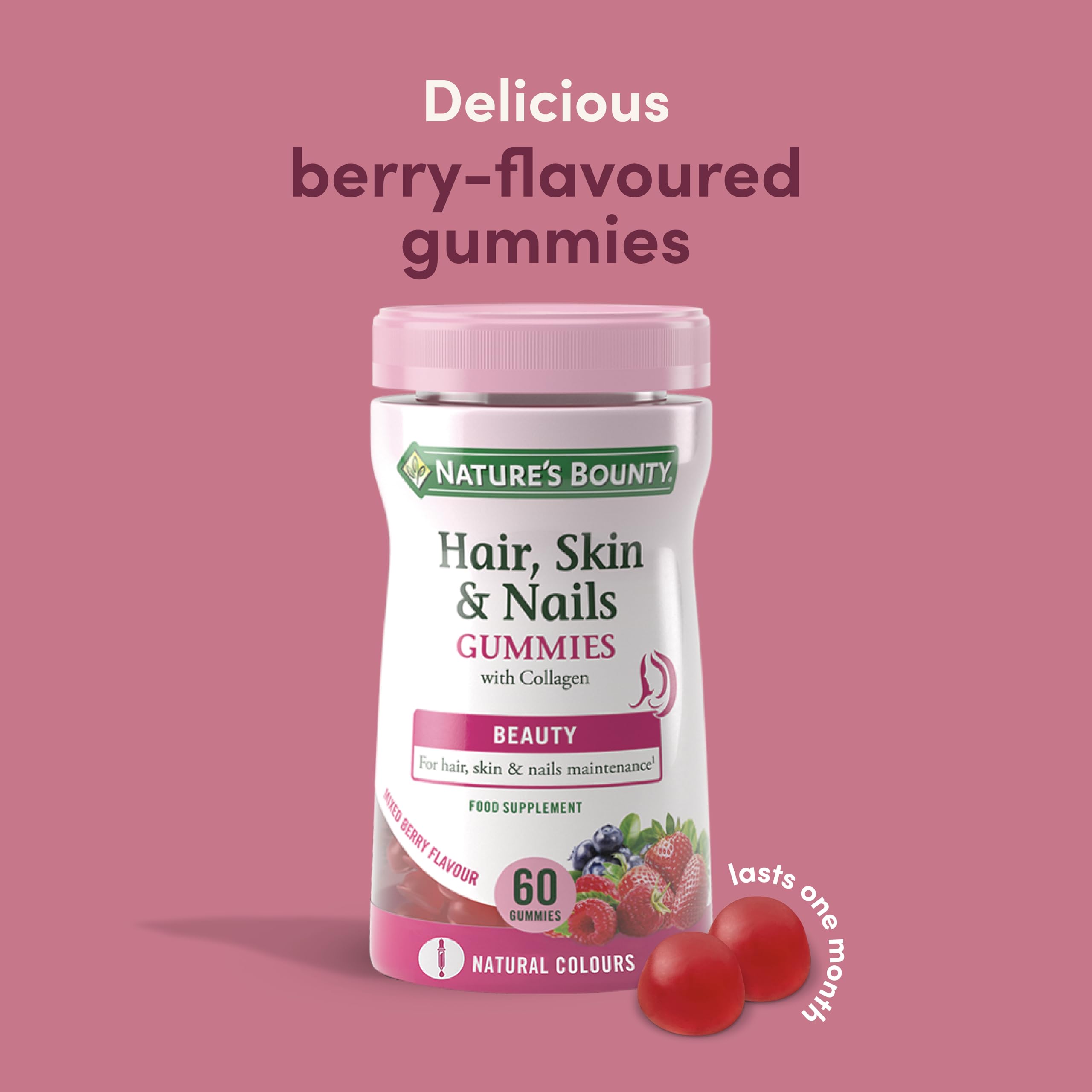 Nature's Bounty Hair Skin & Nails Gummies with Biotin Collagen Vitamins C E & Zinc - 60 Count (30 Day Supply) - Promotes Healthy Hair Growth & Shine - Perfect for Daily Beauty Supplement & Wellness Routine