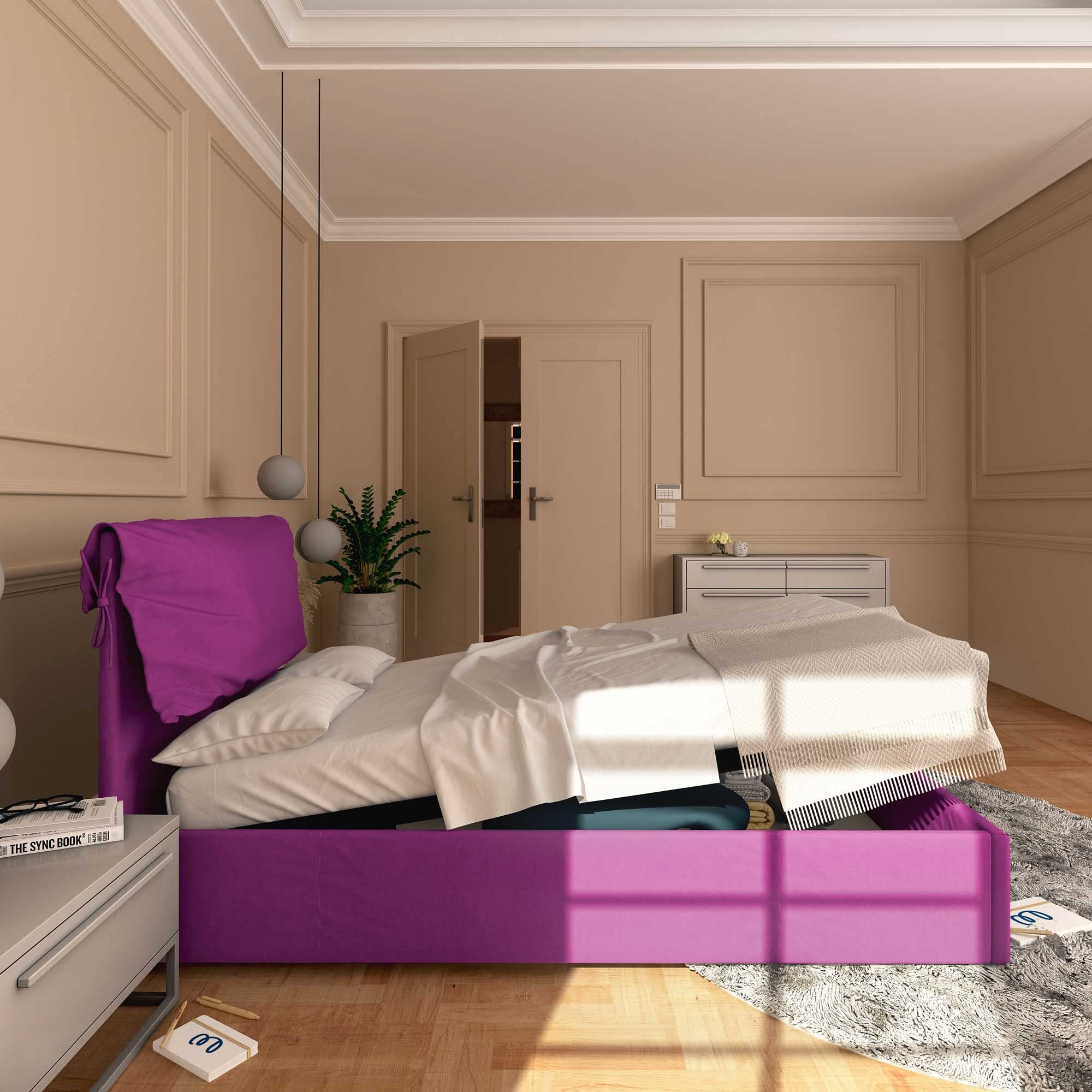 Baldiflex Licia Soft - Twin Size Bed Frame with Storage, Fabric Upholstery, Slatted Base for 120 x 190 cm Mattress, Padded Headboard in Fuchsia - Perfect for Small Bedrooms, Guest Rooms & Dormitories