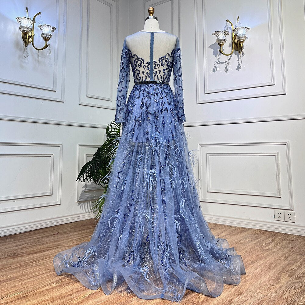 Elegant Blue A-Line Lace Beaded Feather Evening Gown for Women - Arabic Luxury Wedding Party Dress 2025 | Perfect for Formal Events, Prom, Bridal Showers & Special Occasions